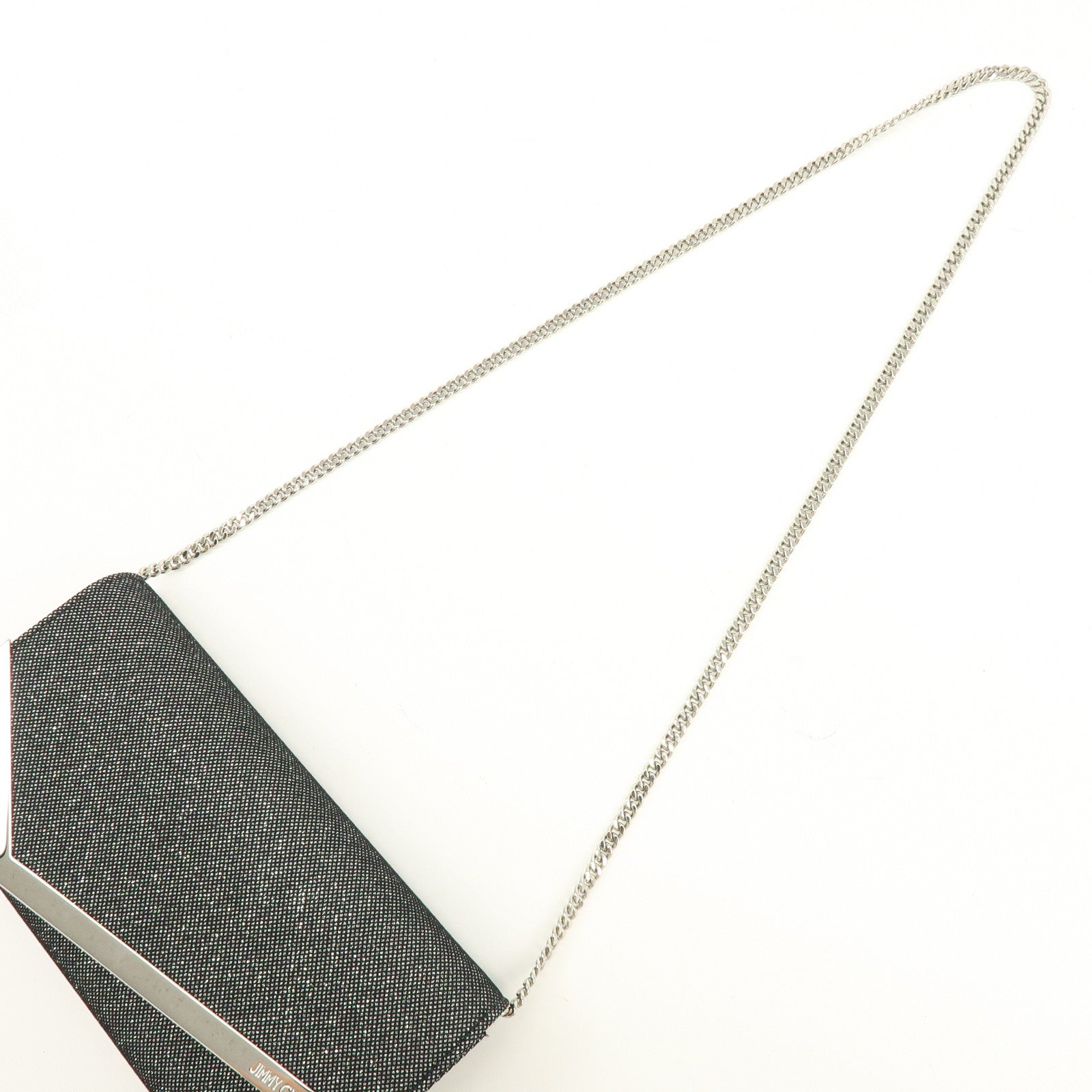 JIMMY CHOO Emmie Canvas Leather Chain Shoulder Bag Silver Black