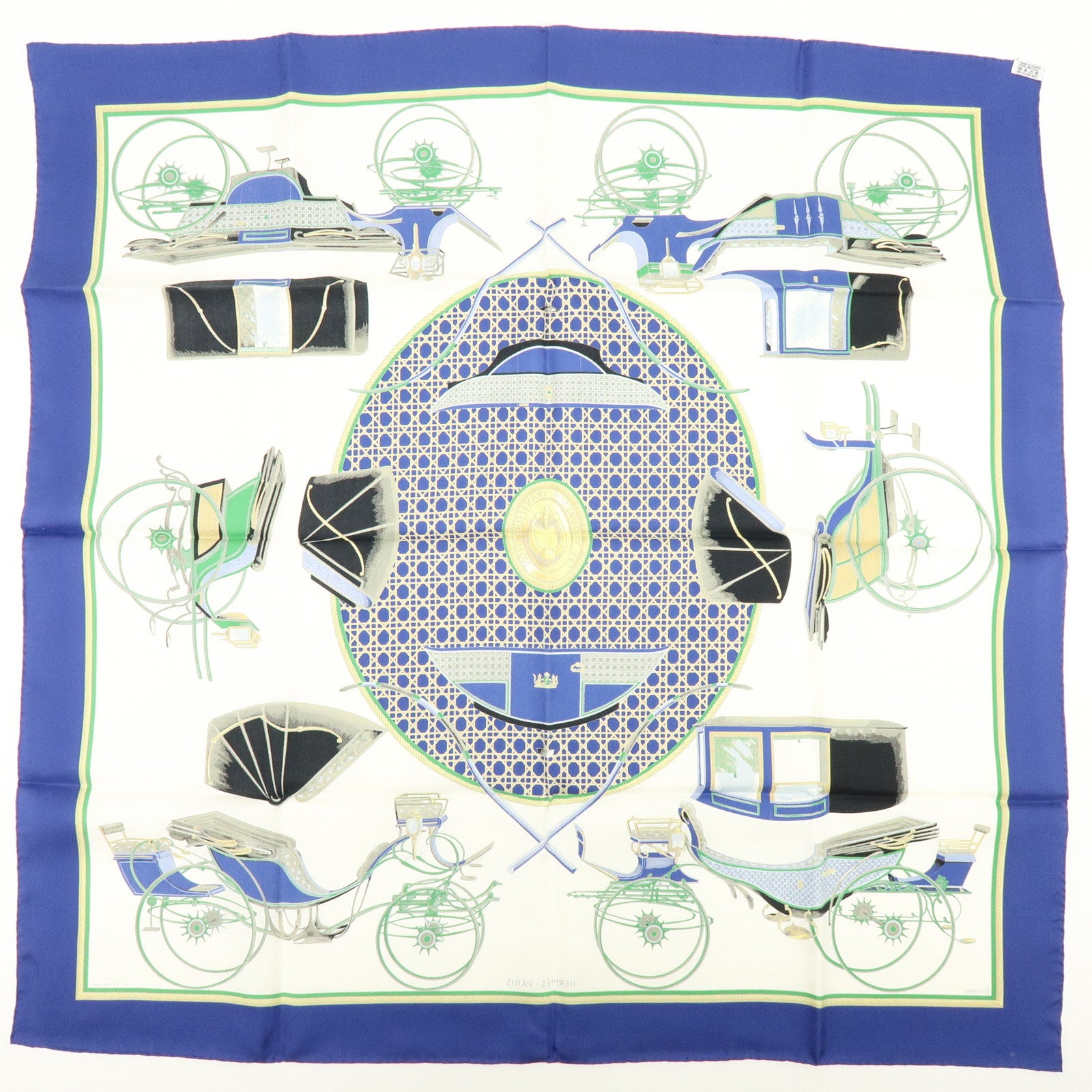 HERMES Carre 90 Silk 100% LES VOITURES A TRANSFORMATION Scarf Blue