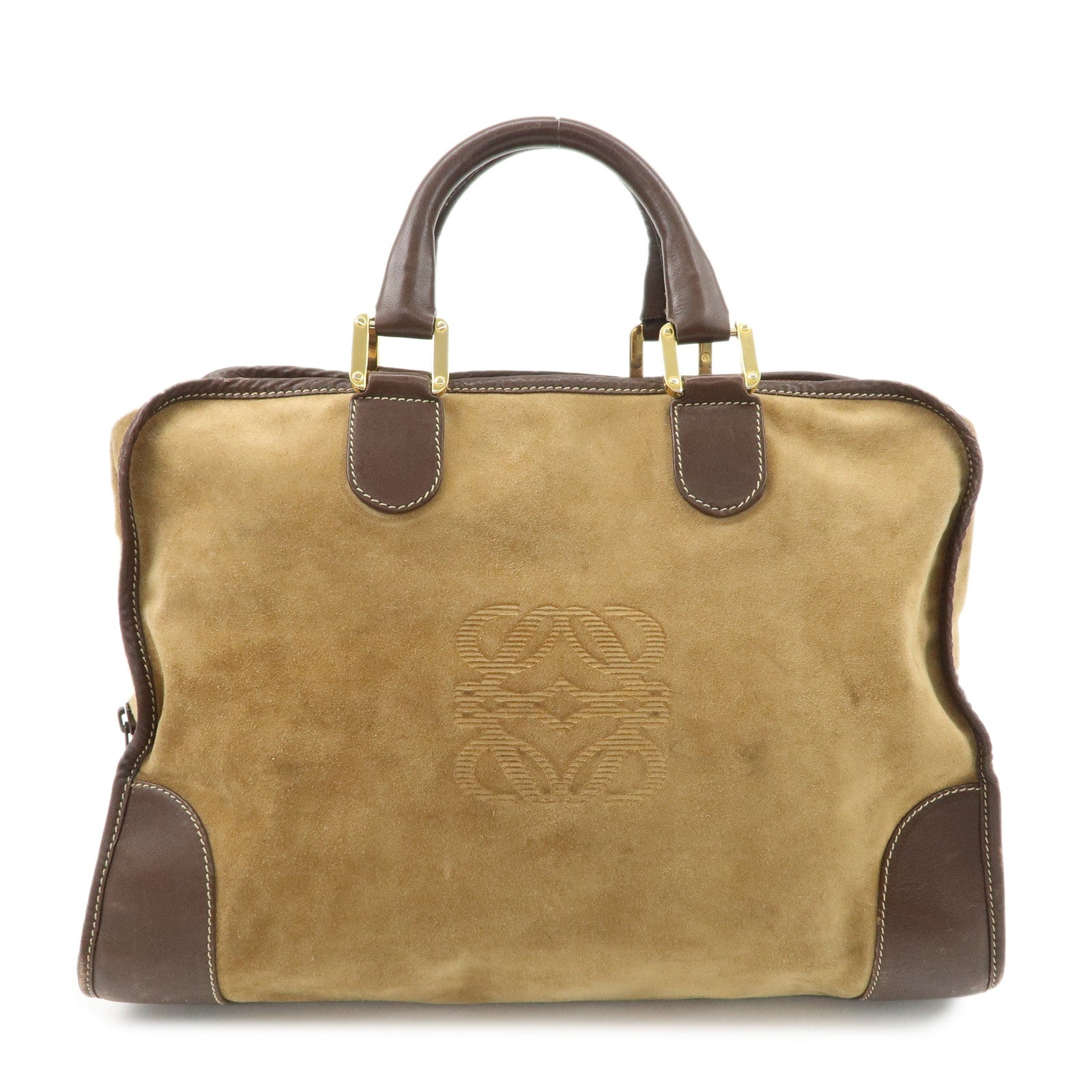 LOEWE Anagram Amazona 40 Suede Leather Hand Bag Beige Dark Brown Used