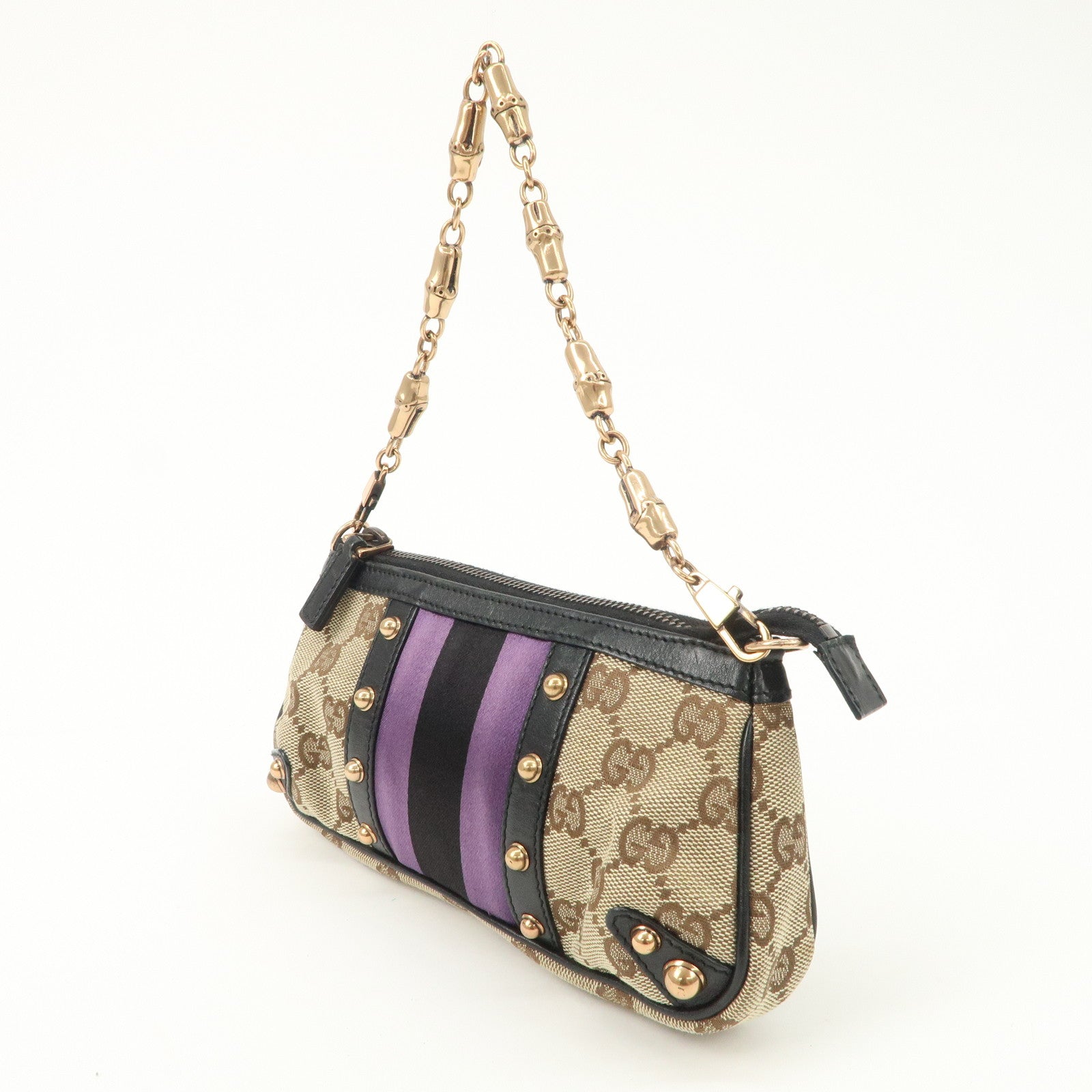 GUCCI Sherry Bamboo GG Canvas Leather Chain Bag Black Purple 129423 Used