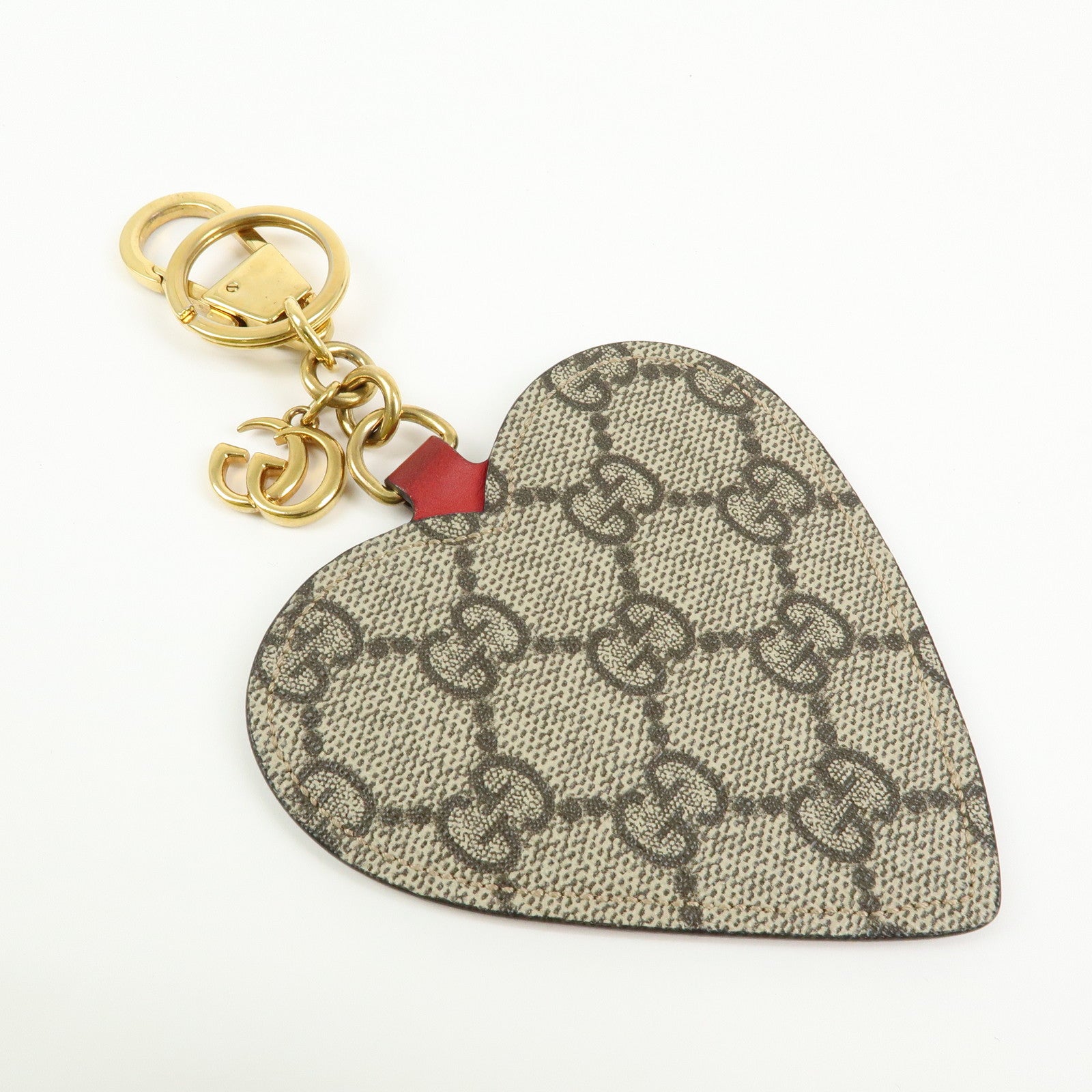 GUCCI GG Supreme Canvas Leather Bag Charm Key Chain Heart Beige