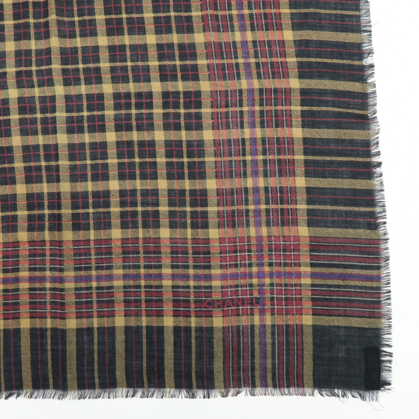 CHANEL Silk Cashmere Plaid Scarf Black Beige Wine Red