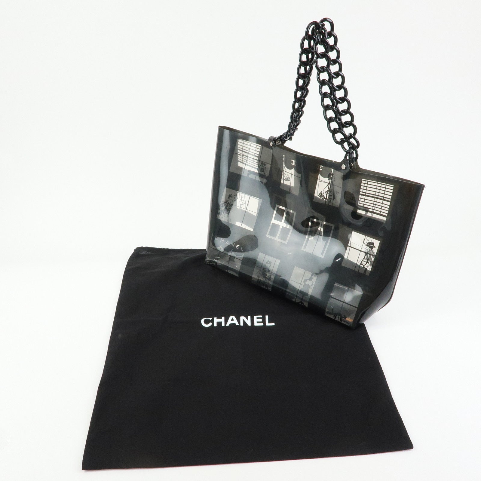 CHANEL Windows Line COCO Mark Vinyl Plastic Chain Tote Bag Black