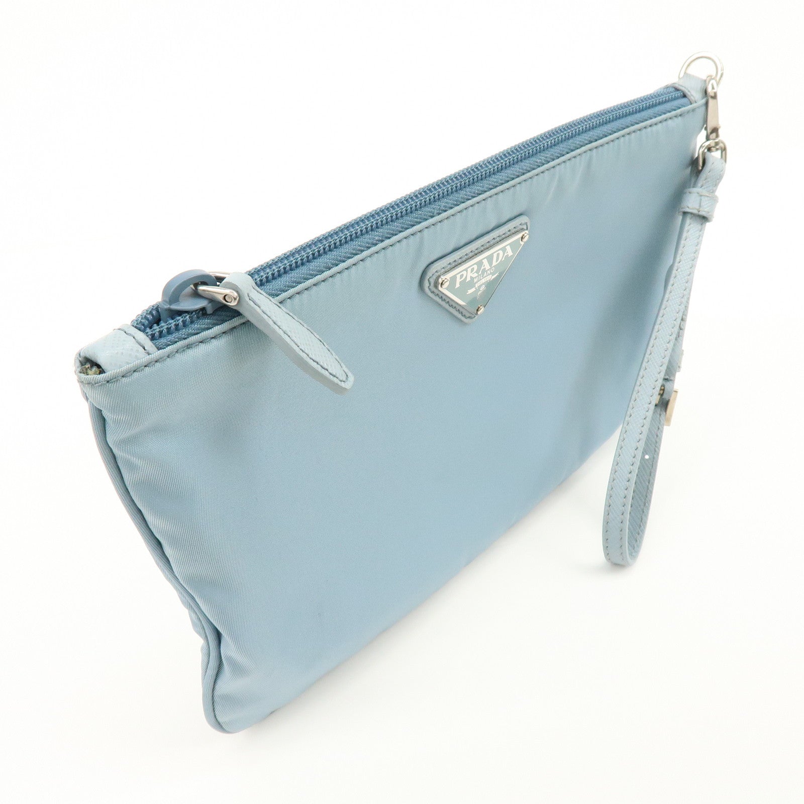 PRADA Triangle Logo TESSUTO IMPUNTU Nylon Pouch Light Blue 1NH545