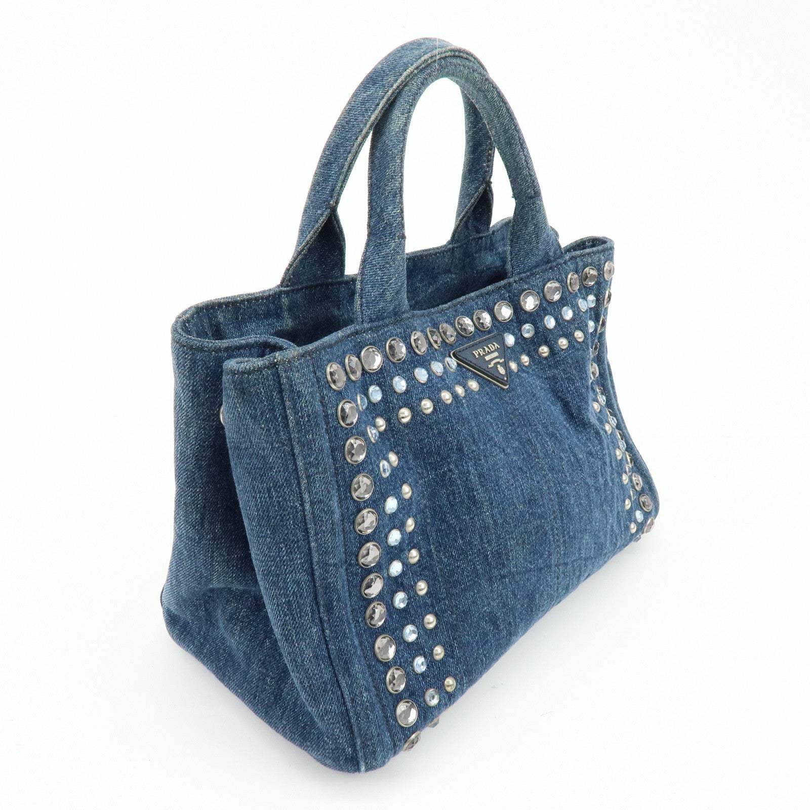 PRADA Canapa Mini Triangle Logo Denim 2Way Tote Shoulder Bag B2439O