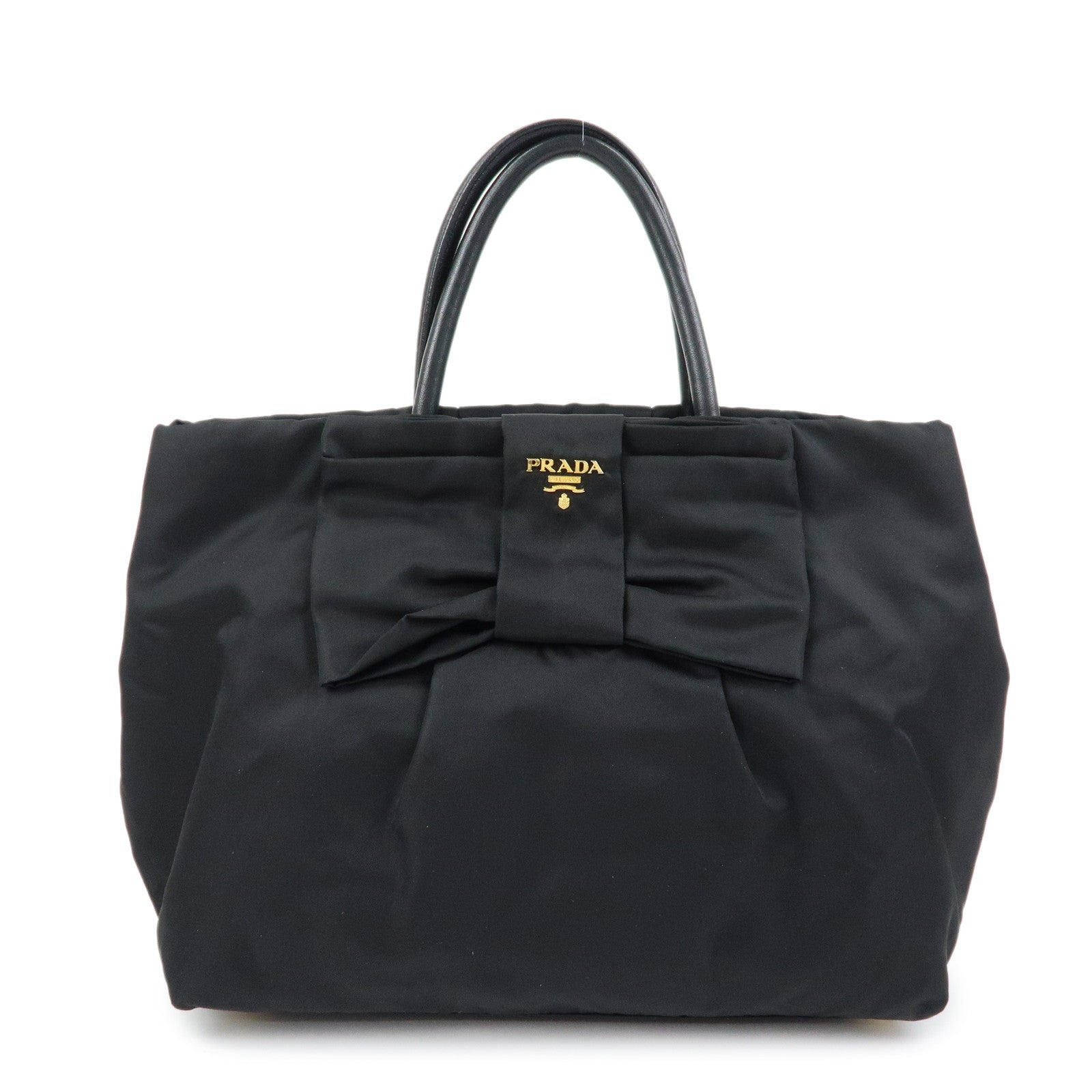 PRADA Nylon Leather Ribbon Hand Bag Tote Bag Black BN1601