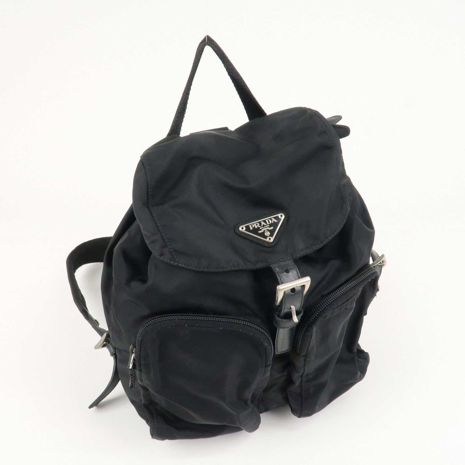 PRADA Triangle Logo Nylon Leather Backpack Ruck Sack Black 1BZ005 Used