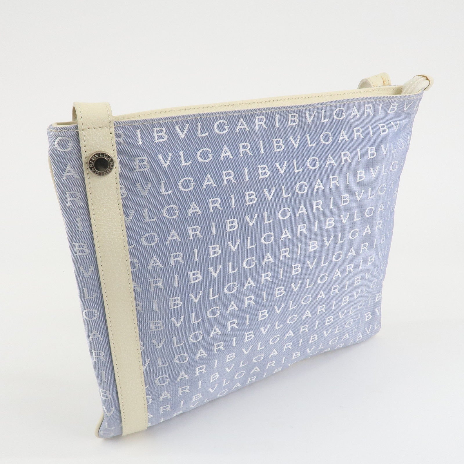 BVLGARI Logo Mania Leather Canvas Shoulder Bag Ivory Light Blue Used