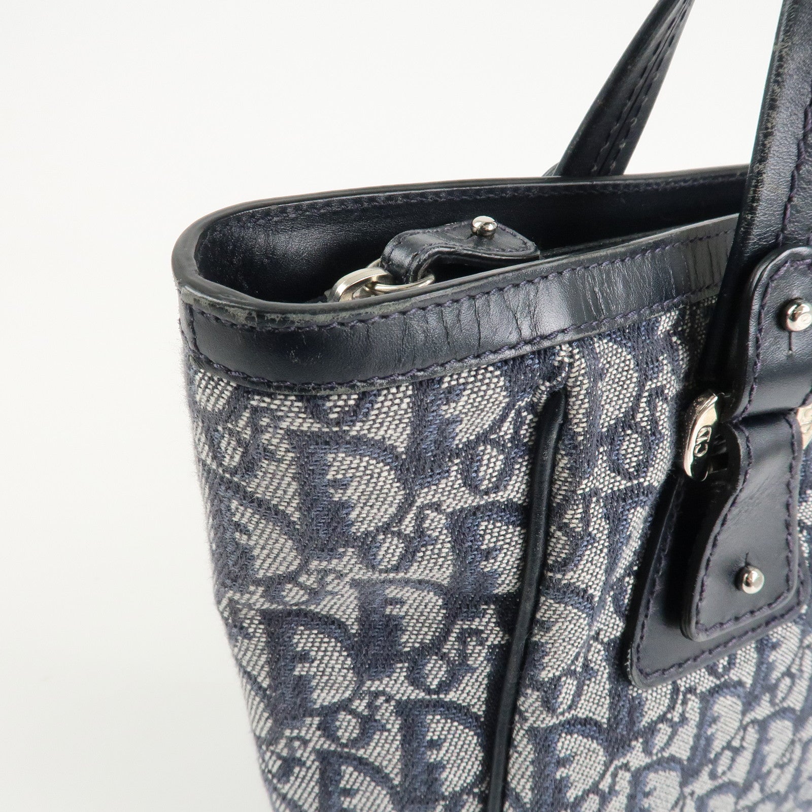 Christian Dior Trotter Leather Canvas Hand Bag Tote Bag Navy Used