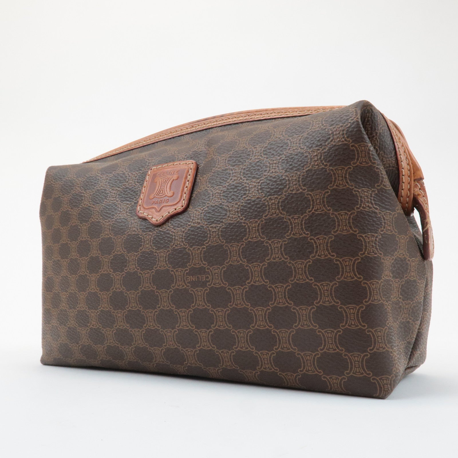 CELINE Macadam PVC Leather Canvas Pouch Brown Gold Hardware