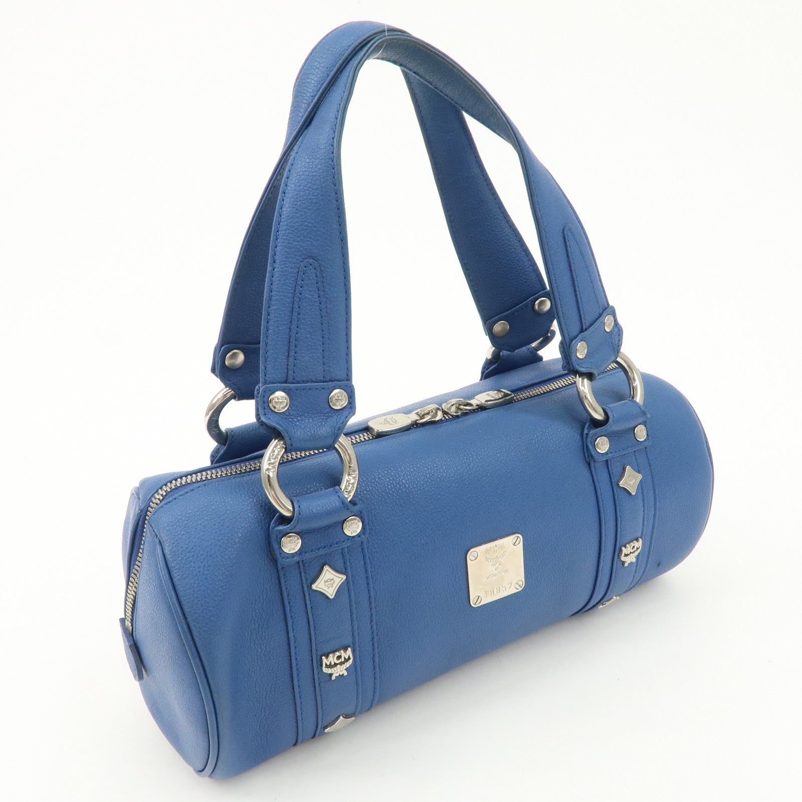 MCM Logo Leather Hand Bag Silver Studs Blue
