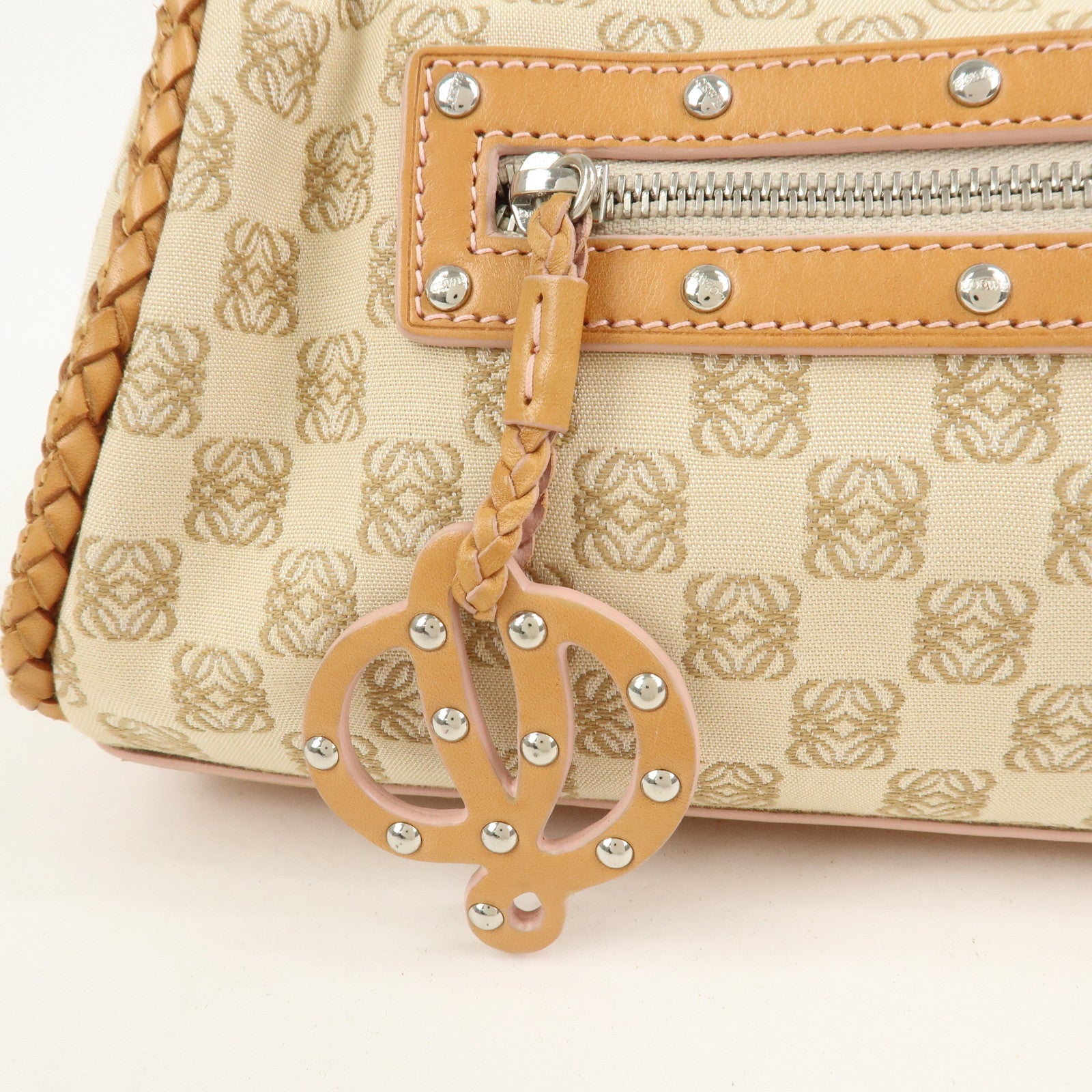 LOEWE Anagram Logo Canvas Shoulder Bag Leather Beige Light Brown