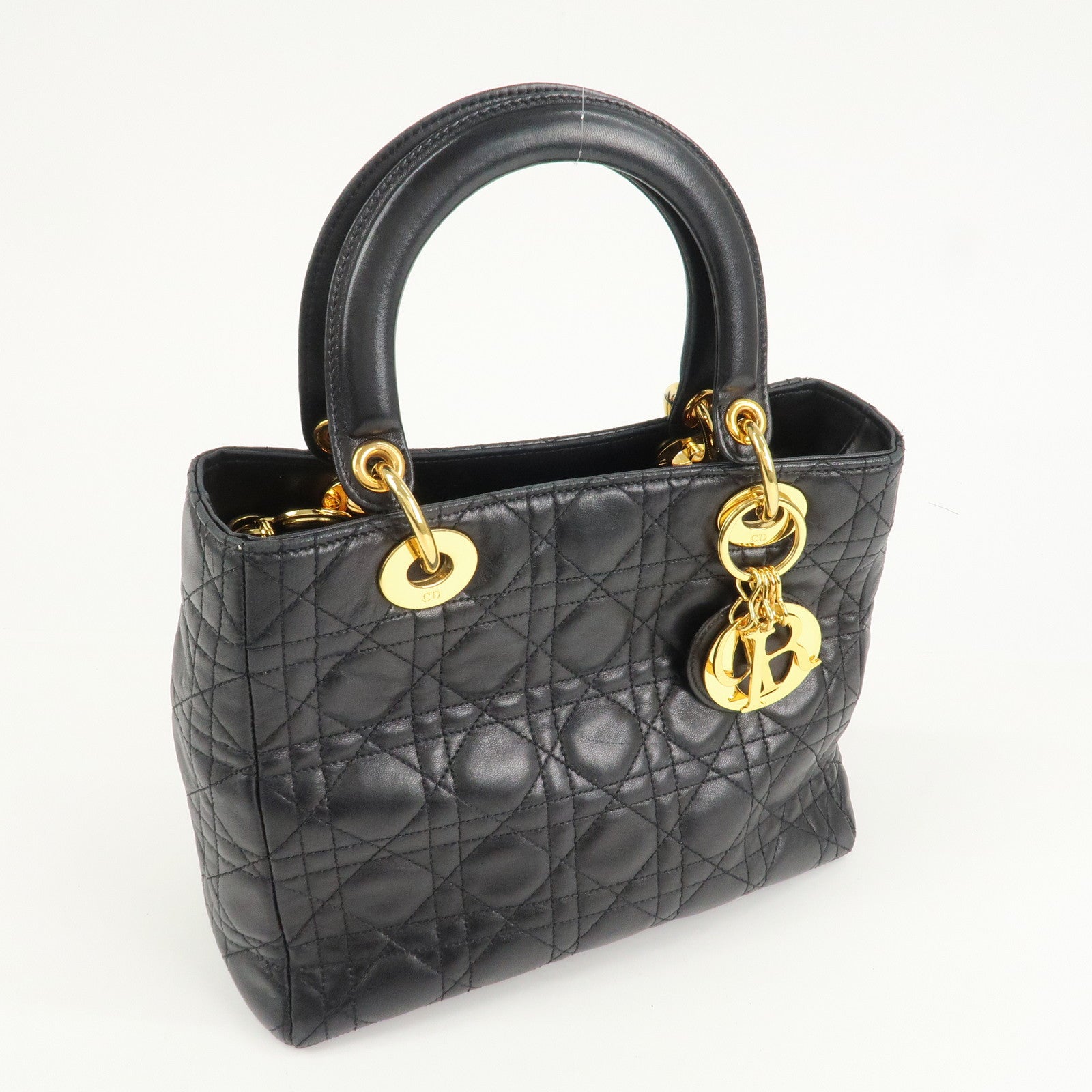 Christian Dior Lady Dior Canage Leather Hand Bag Black Used