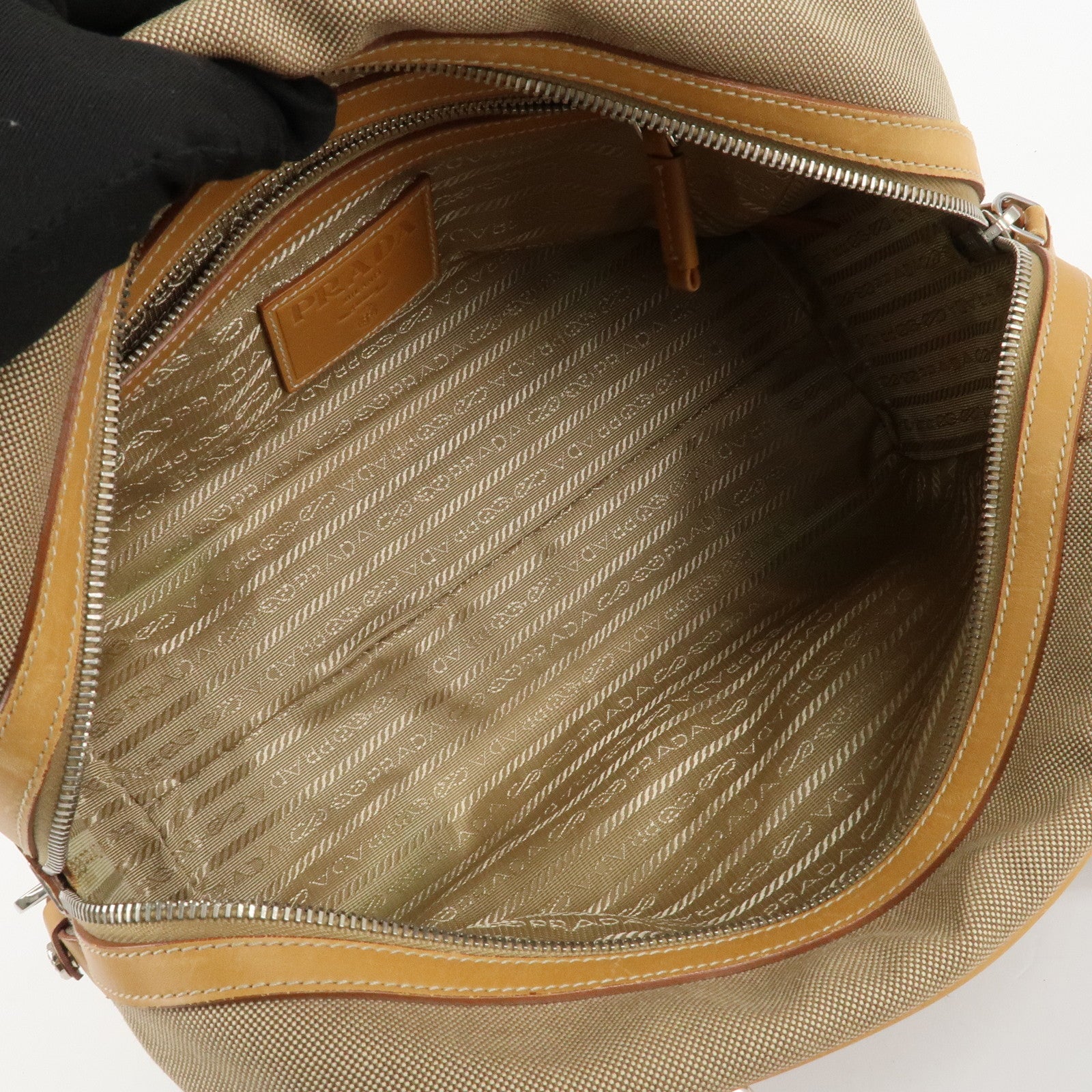 PRADA Logo Jacquard Leather Boston Bag Shoulder Bag Beige Used