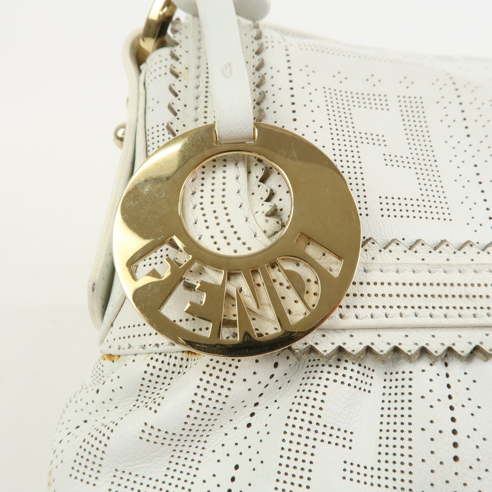 FENDI Zucca Logo Leather Shoulder Bag Hand Bag White 8BR445