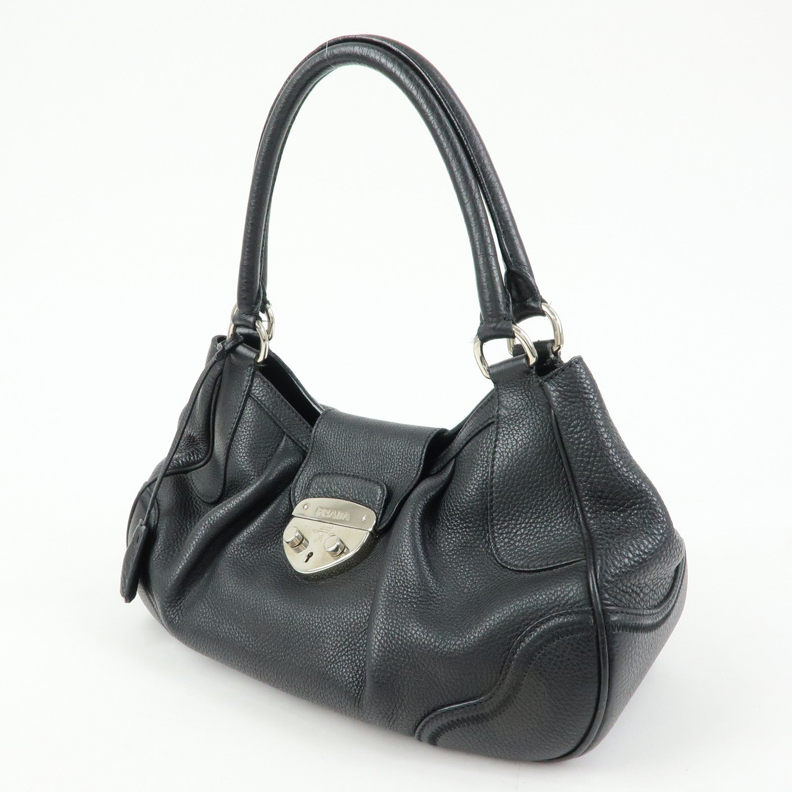 PRADA Sound Lock Leather Shoulder Bag Hand Bag Black B3595