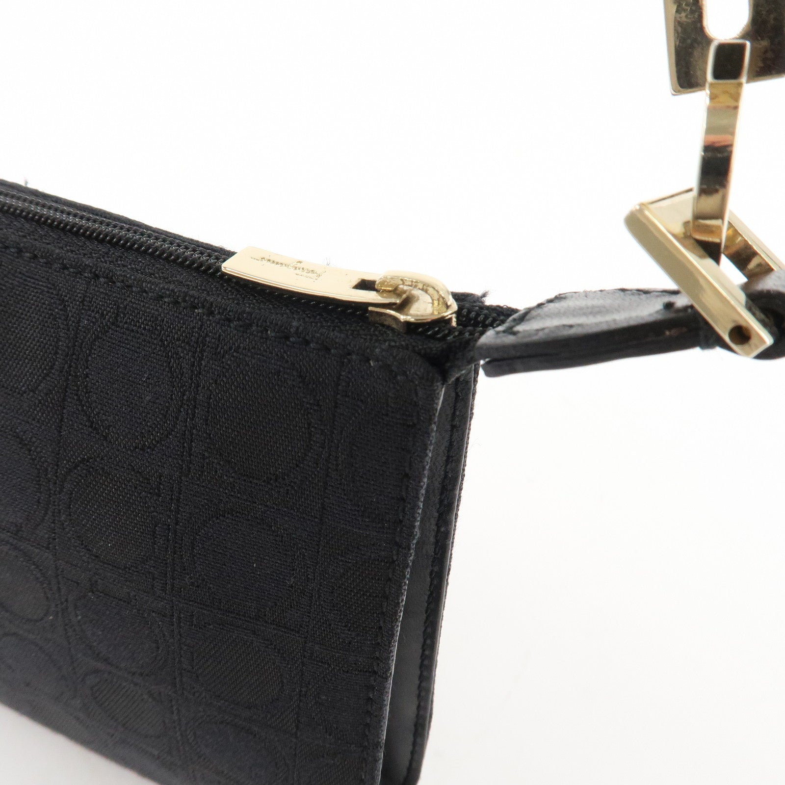 Ferragamo Ganchini Canvas Leather Shoulder Bag Hand Bag Black Used