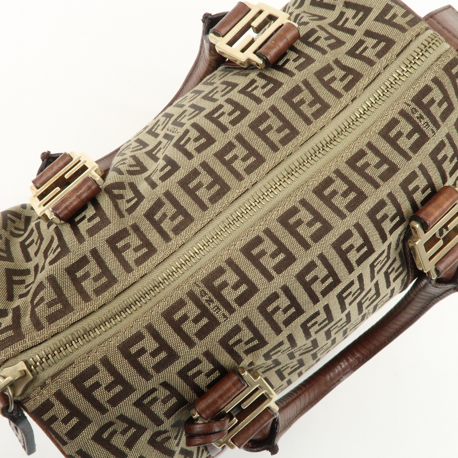 FENDI Zucchino Canvas Leather Boston Bag Brown Beige 8BL068 Used