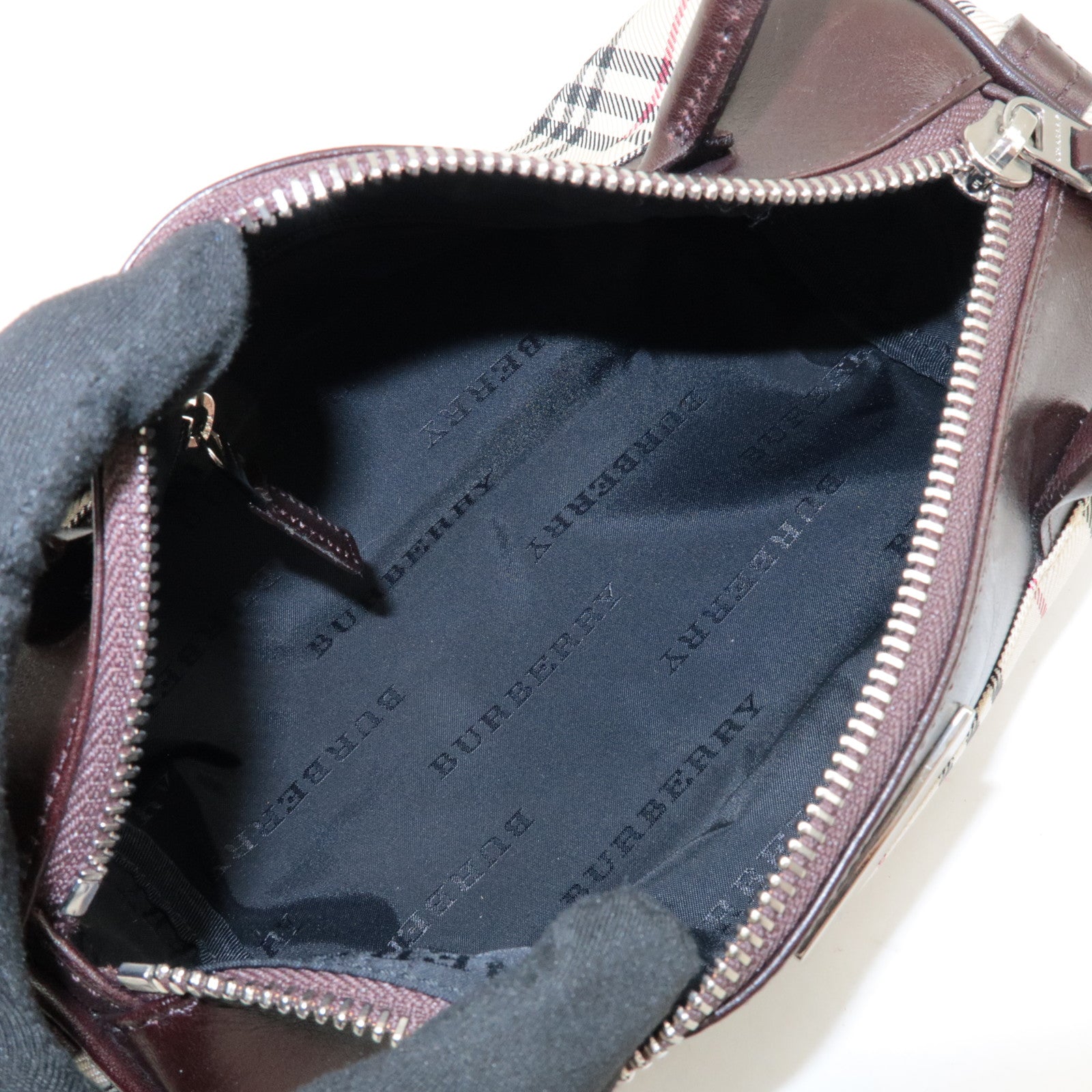 BURBERRY Leather Canvas Hand Bag Nova Plaid Beige Brown Used