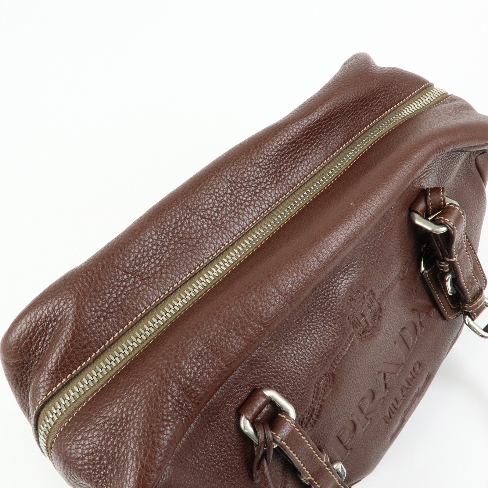 PRADA Vitello Daino Leather Boston Bag Hand Bag Brown BR3090