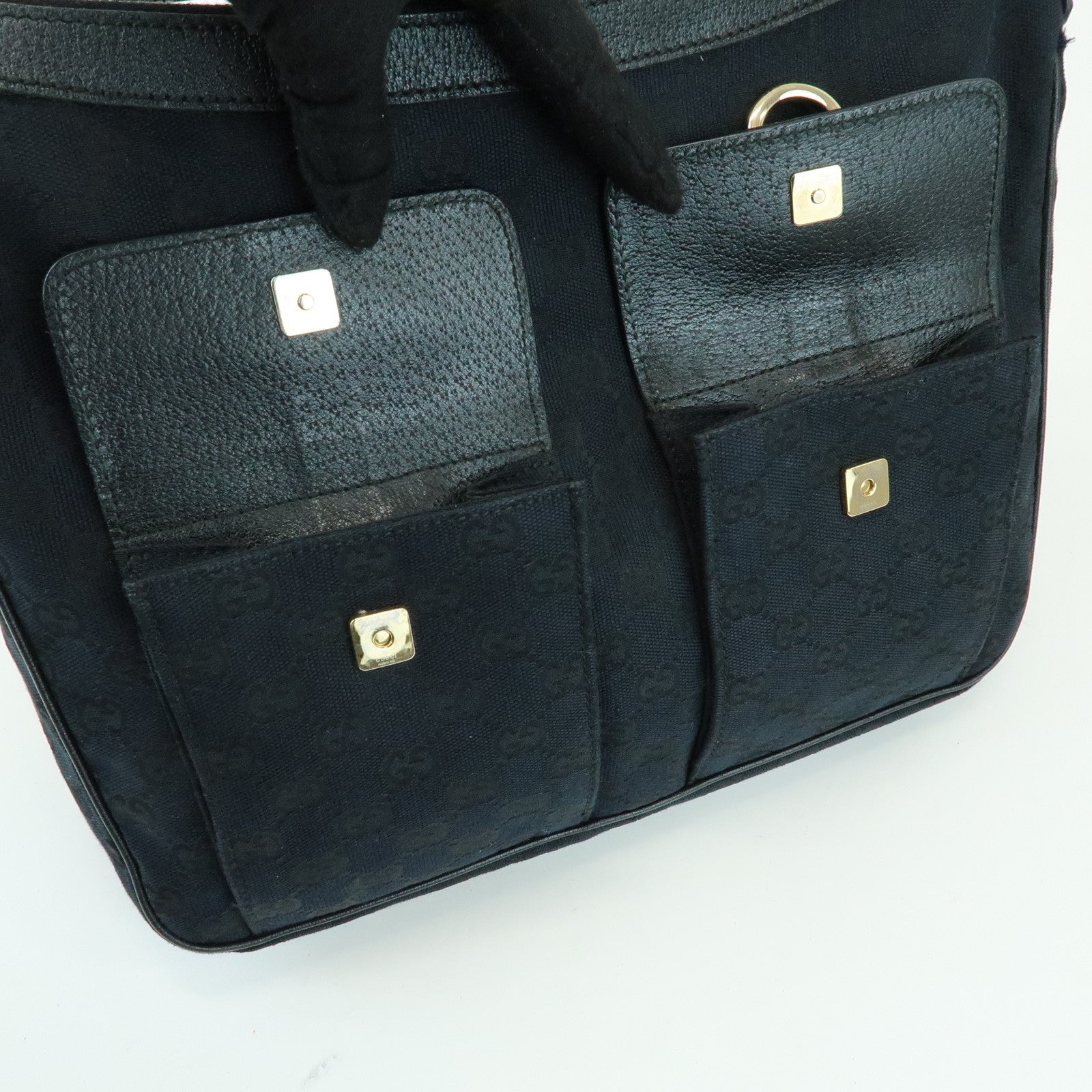 GUCCI GG Canvas Leather Front Pocket Shoulder Hand Bag Black 153025