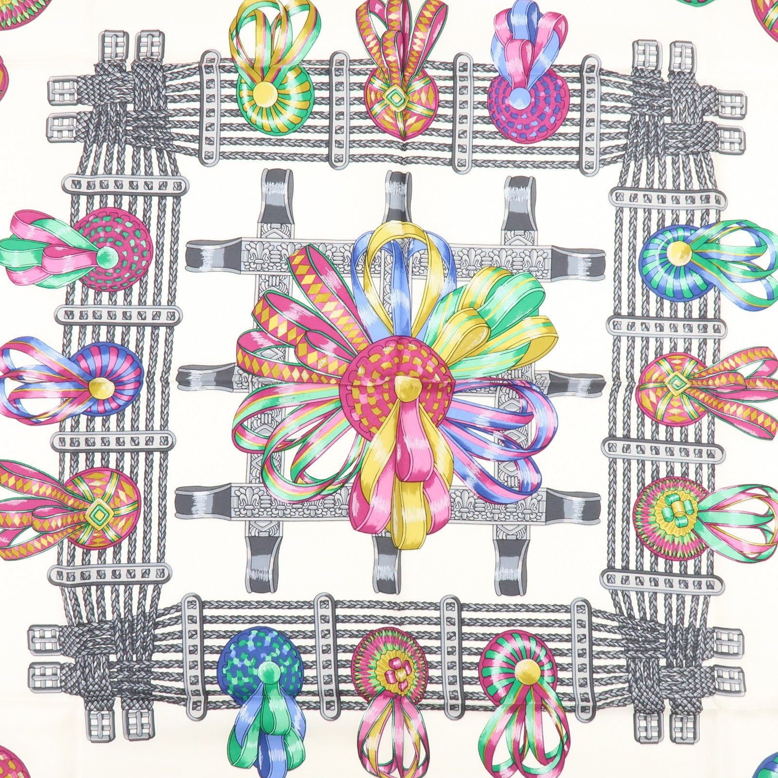 HERMES Carre 90 Silk 100% LES RUBANS DU CHEVAL Scarf White Red