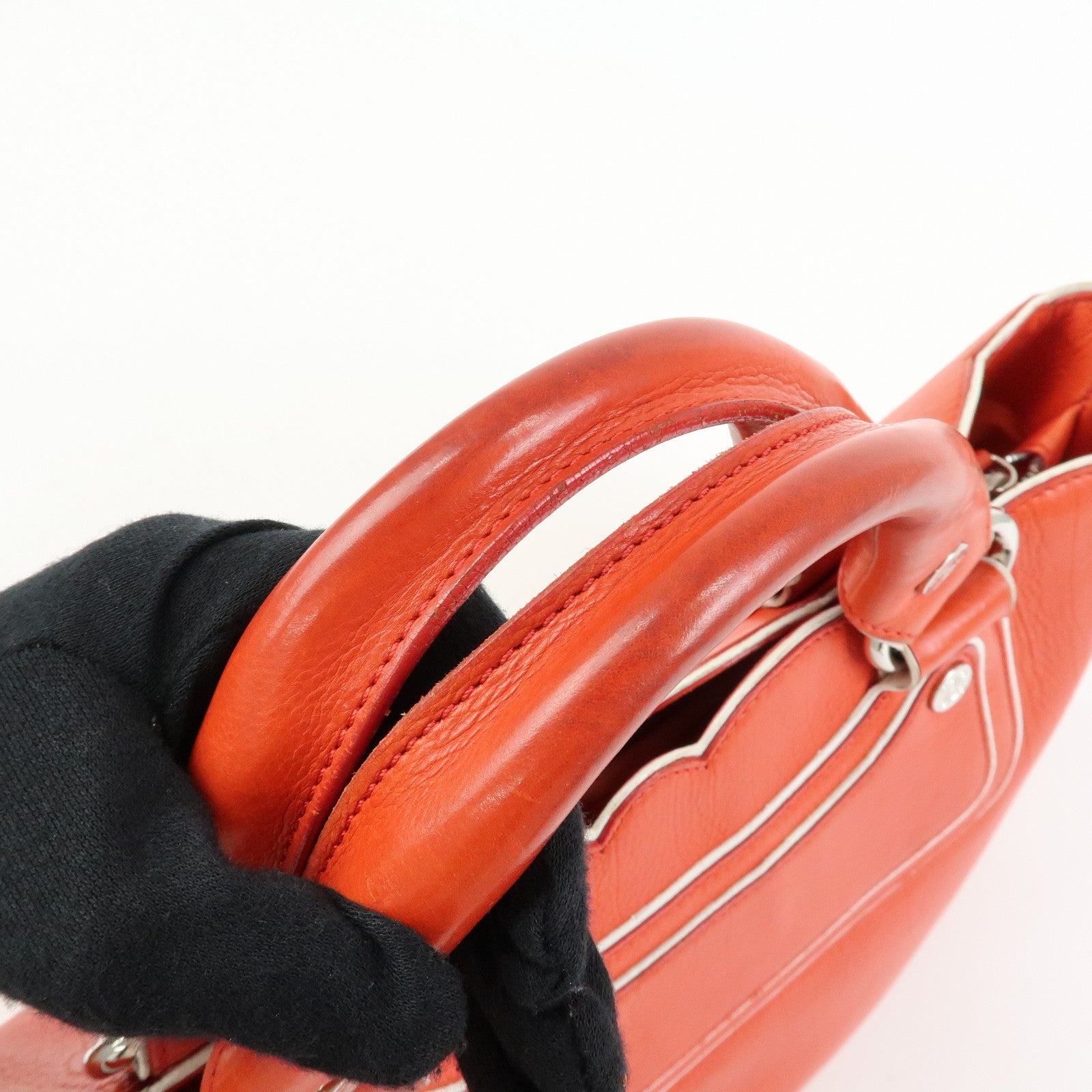 CELINE Scalloped Boogie Bag Leather Hand Bag Tote Bag Orange White
