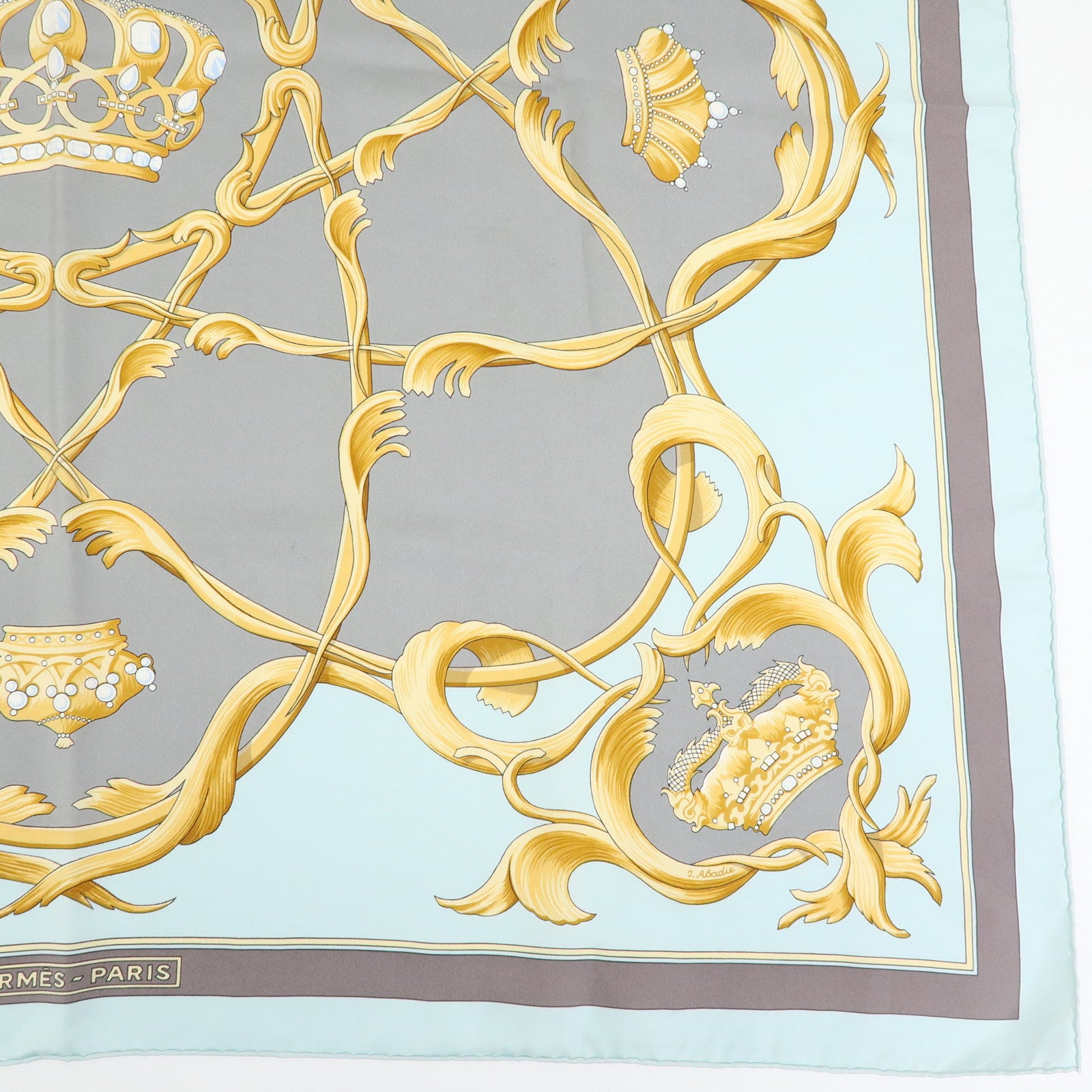 HERMES Carre 90 Silk 100% Scarf CROWN Sky Blue White