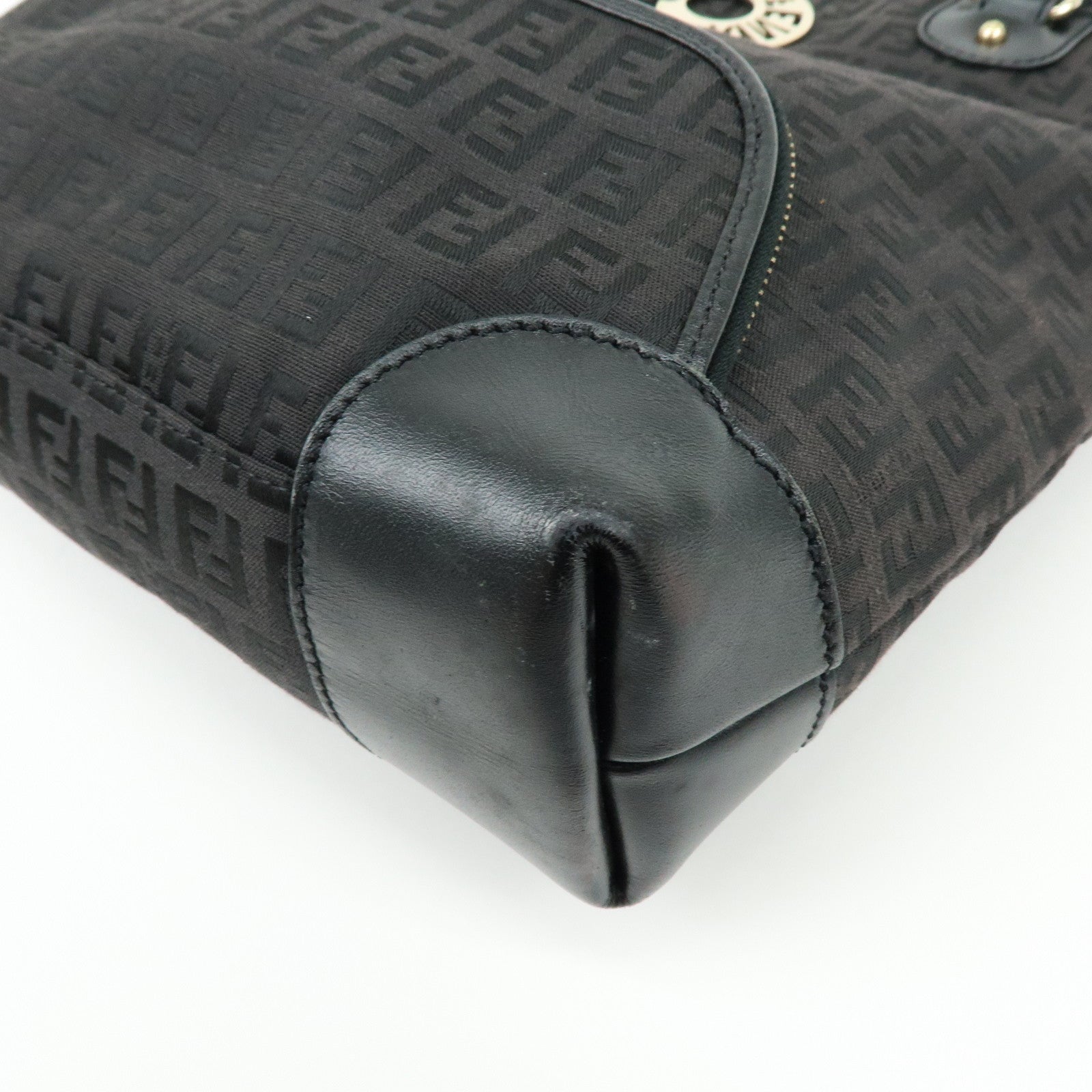 Fendi Zucchino Canvas Leather Hand Bag Tote Bag Black Brown 8BH139