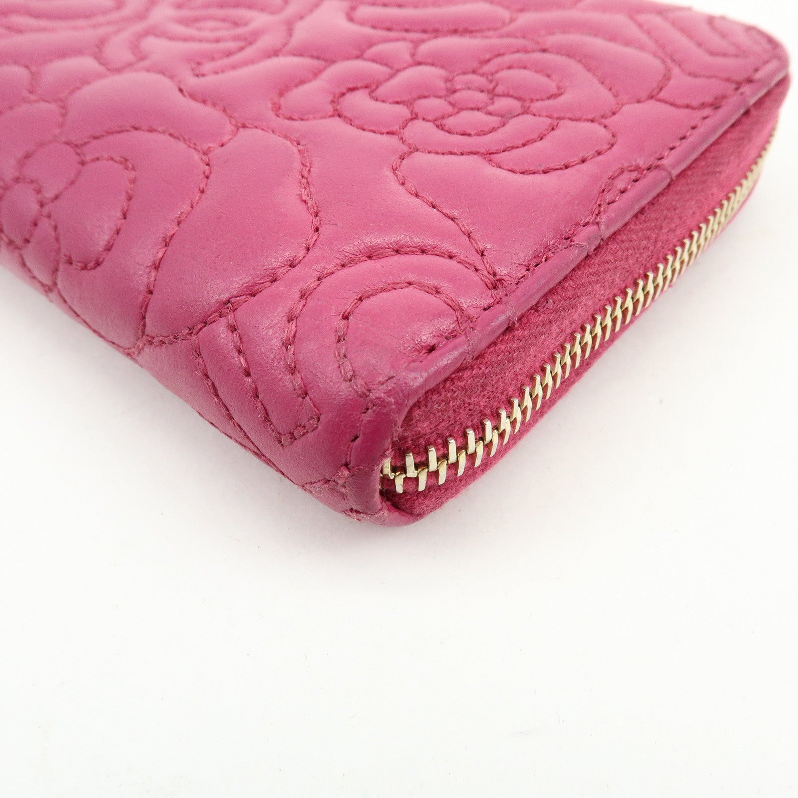 CHANEL Camellia No.5 COCO Mark Calf Leather Zippy Long Wallet Pink