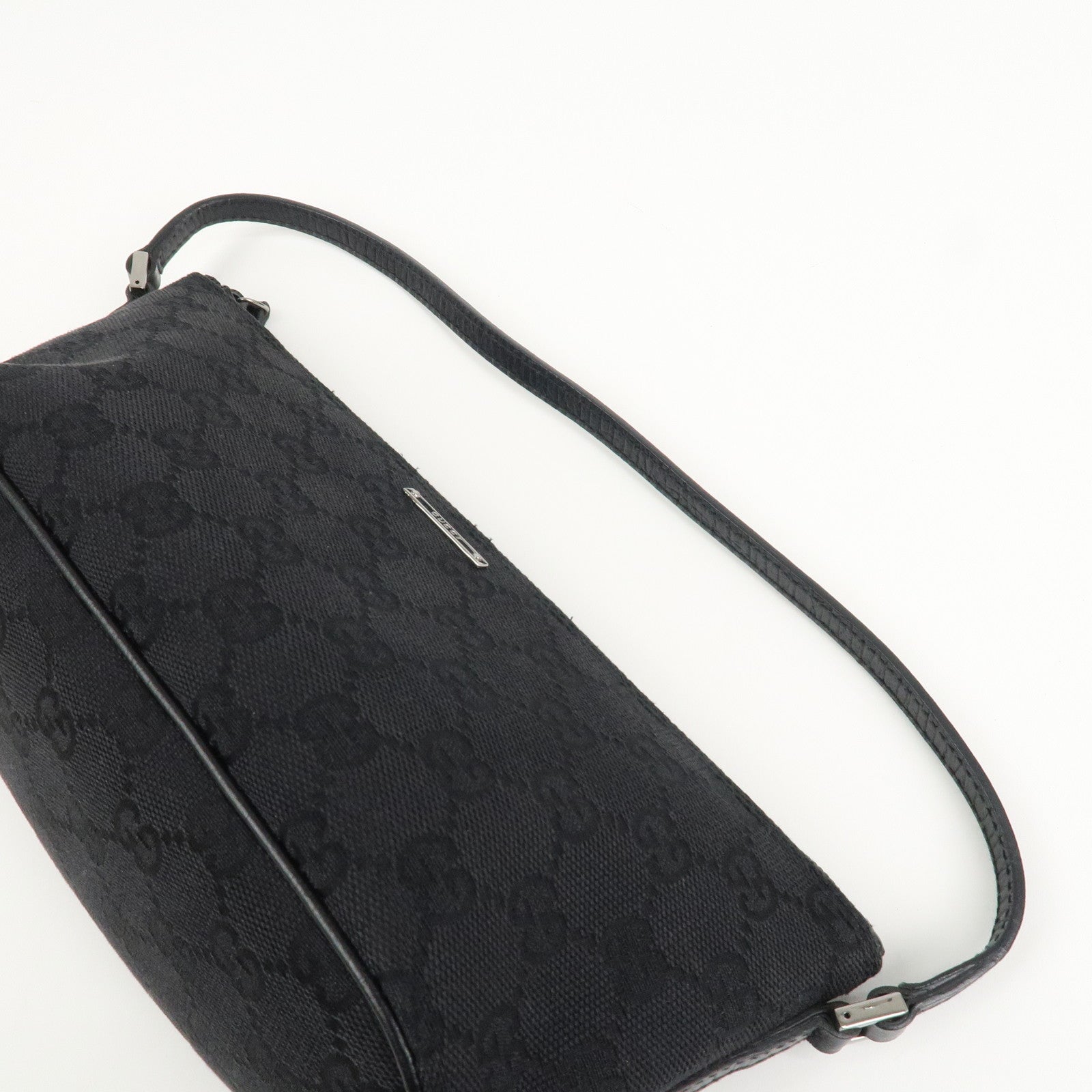 GUCCI Boat Bag GG Canvas Leather Hand Bag Black 07198