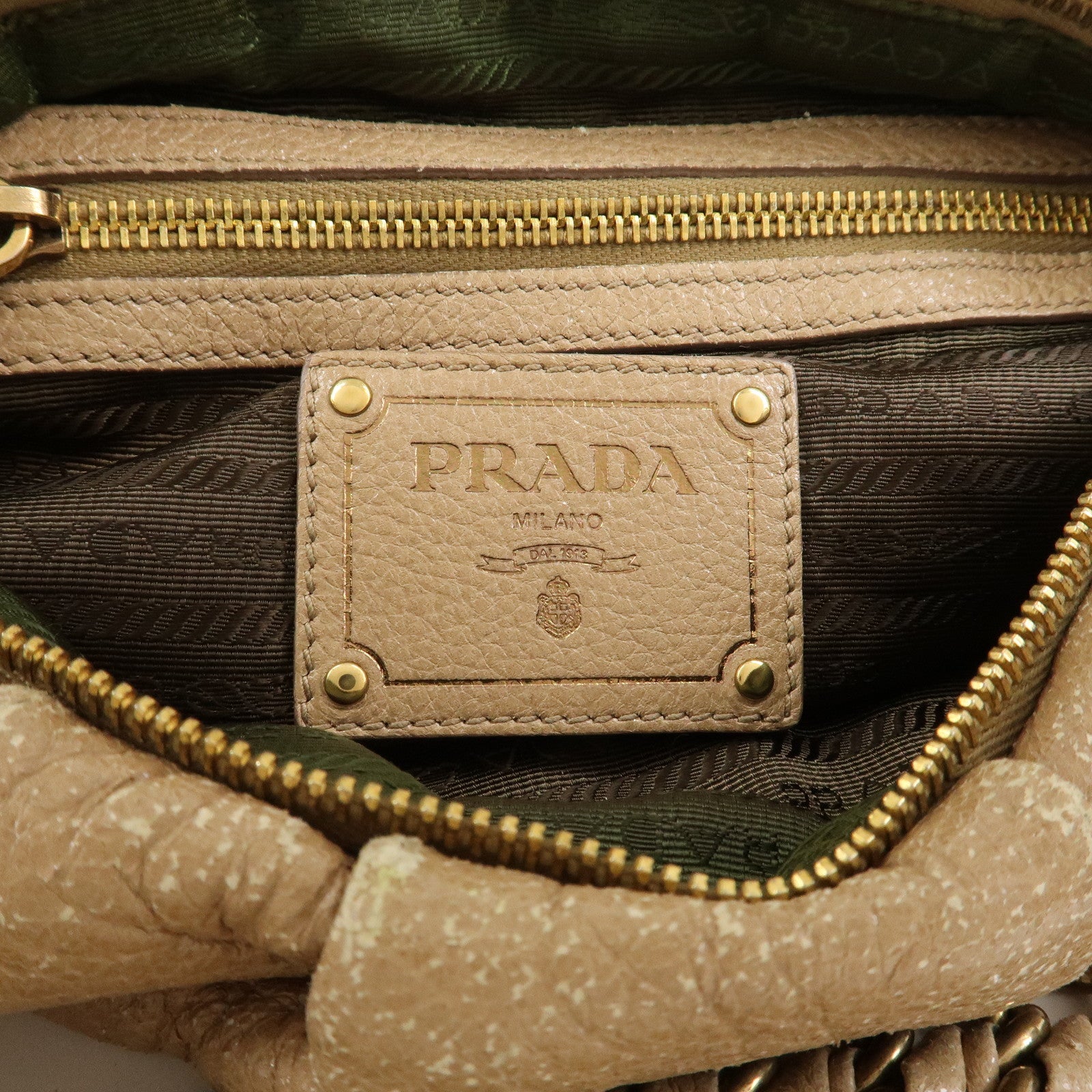PRADA Logo Leather Chain Shoulder Bag Hand Bag Beige