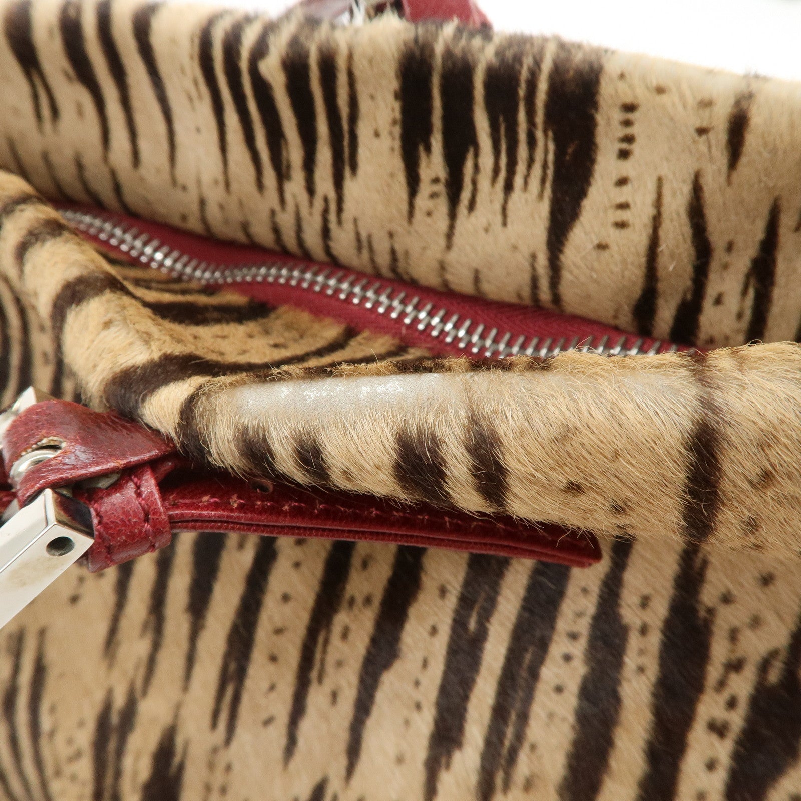 FENDI Calf Hair Leather Tote Bag Hand Bag Beige Red 26634