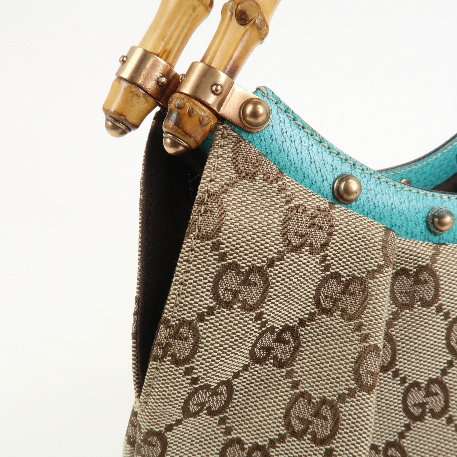 GUCCI Bamboo GG Canvas Leather Hand Bag Brown Light Blue 124297