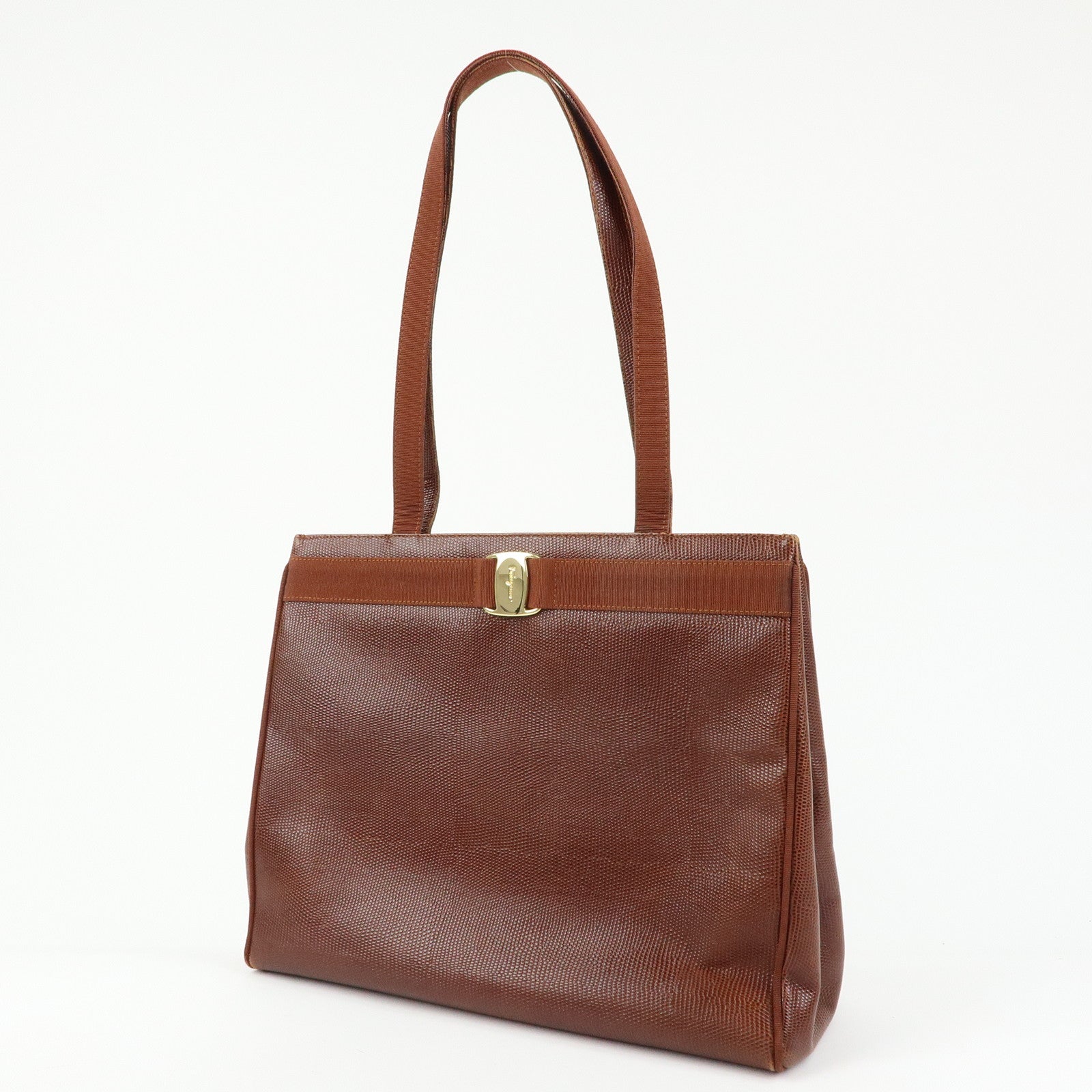 Ferragamo Vara Embossed Leather Tote Bag Shoulder Bag Brown