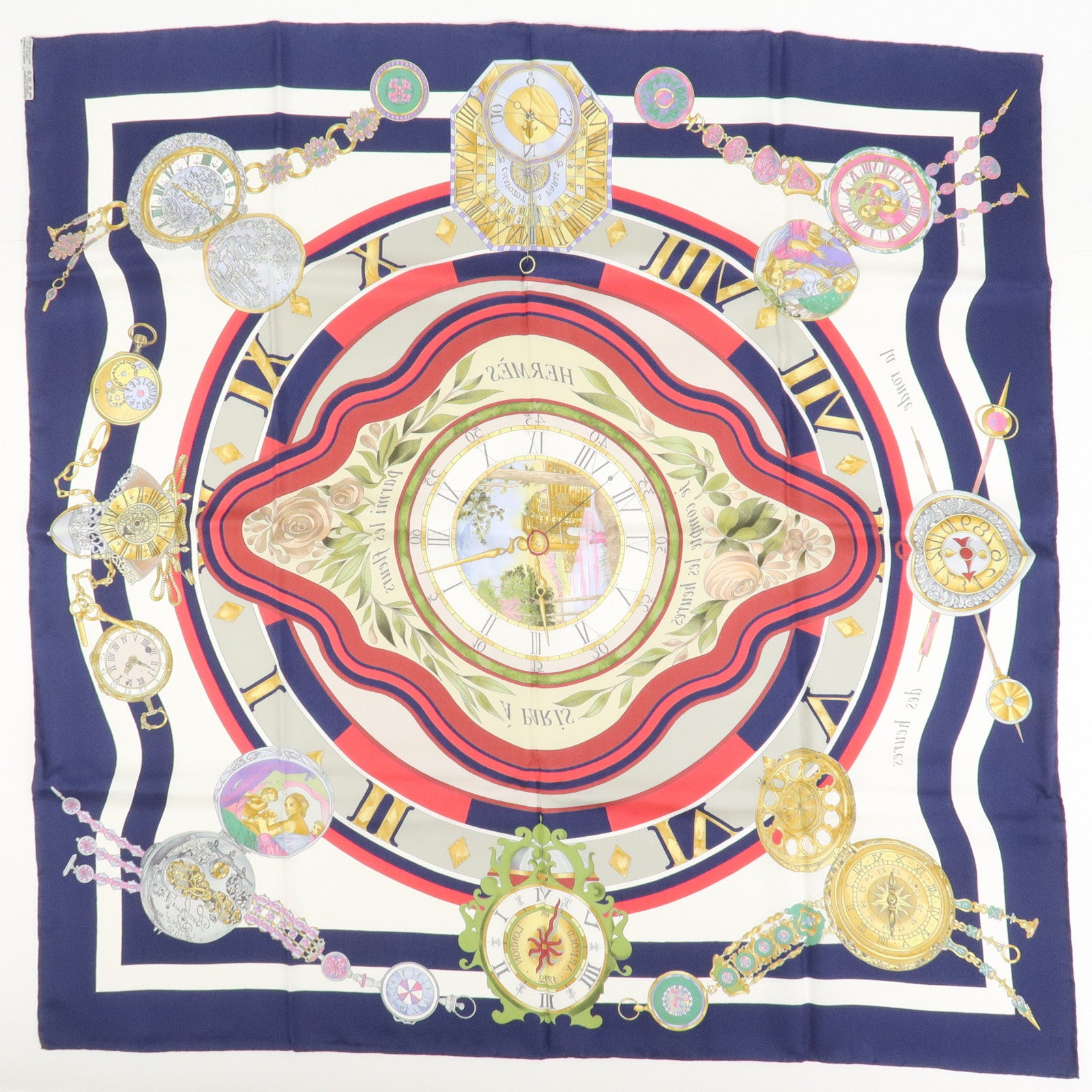 HERMES Carre 90 Silk Scarf PARMI LES FLEURS JE COMPTE LES HEURES
