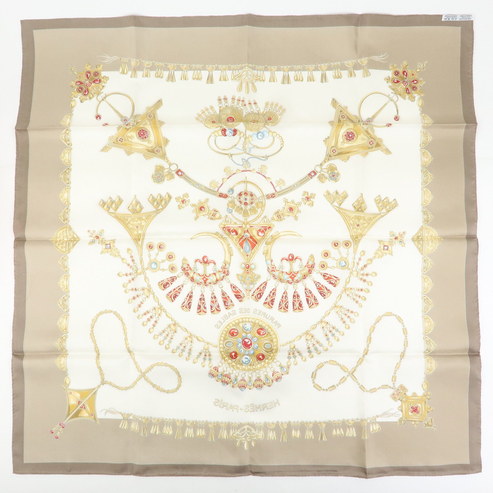 HERMES Carre 90 Silk 100% Scarf PARURES DES SABLES Gold Brown