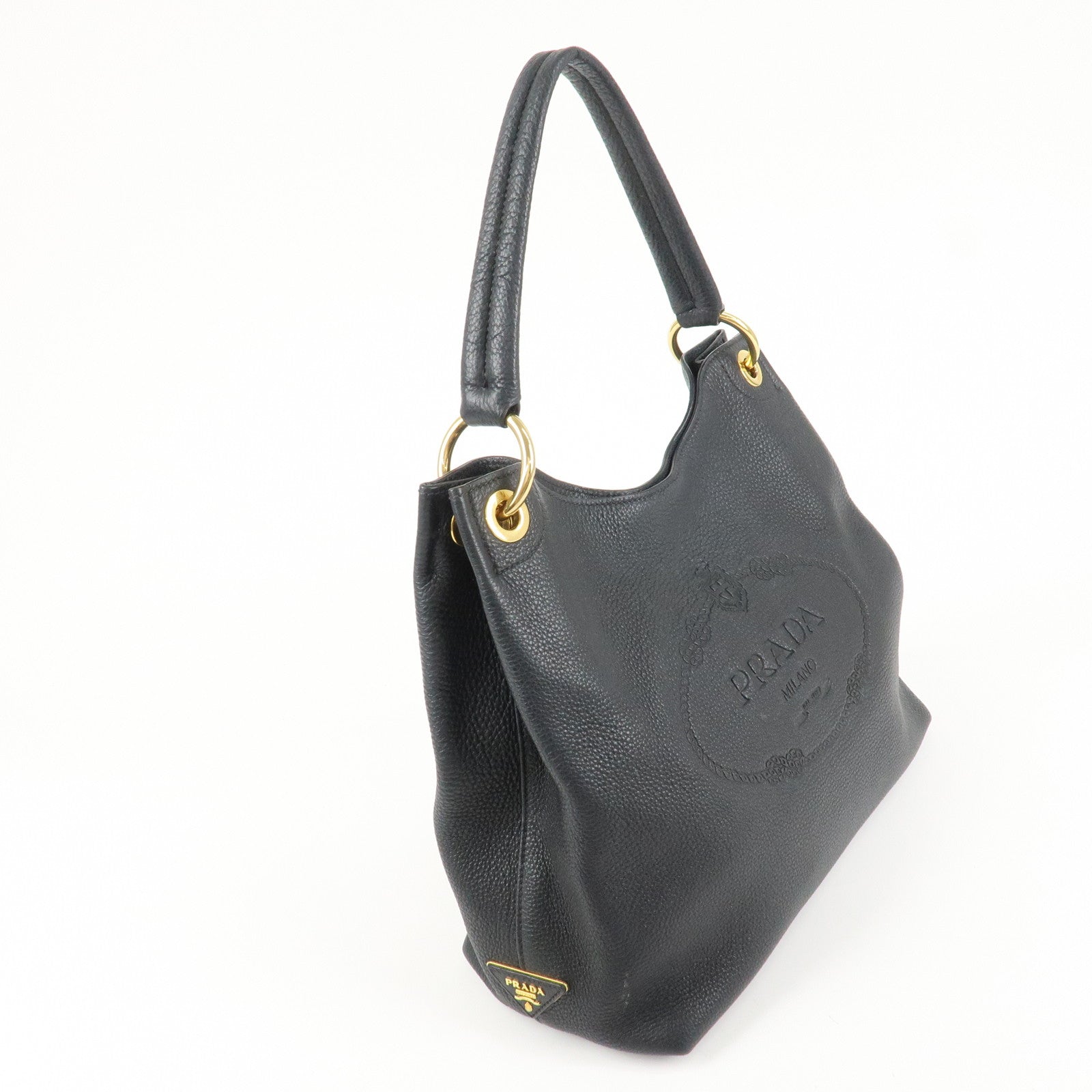 PRADA VITTELLO PHOENIX Triangle Logo Leather Shoulder Bag Black 1BC051 Used