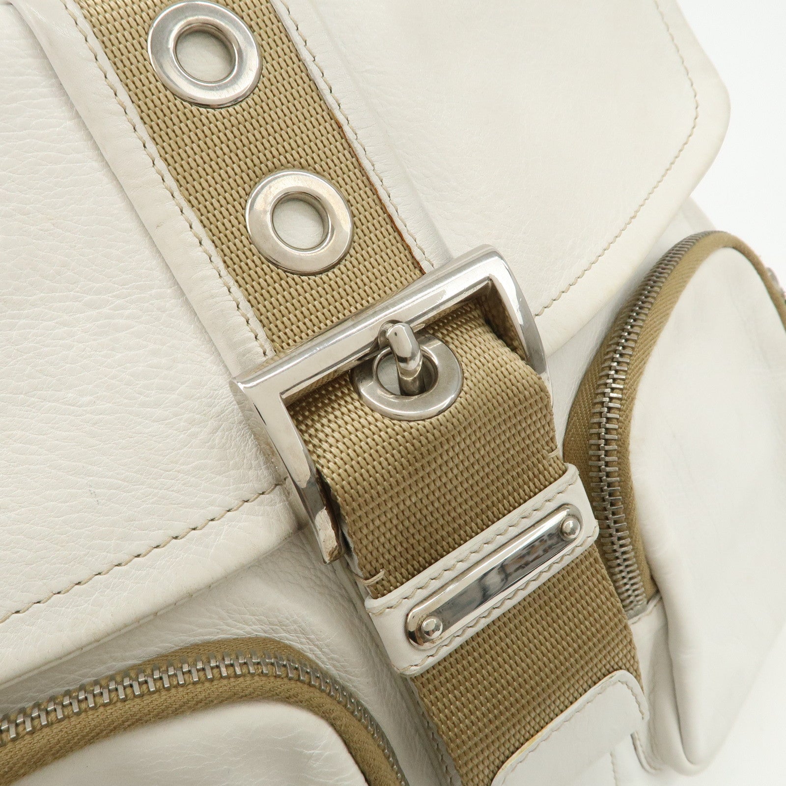 PRADA Triangle Logo Leather Nylon Shoulder Bag White Beige