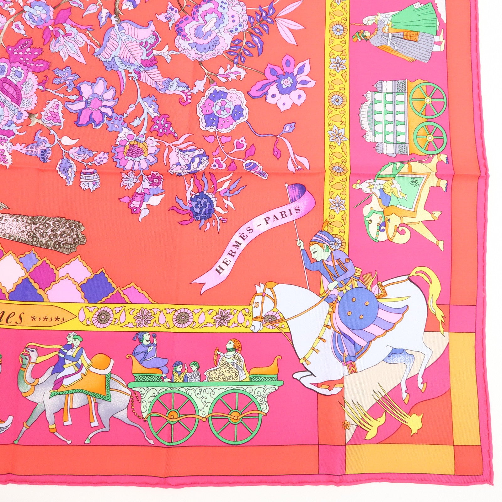 HERMES Carre 90 Silk 100% Scarf Fantaisies Indiennes Pink Red