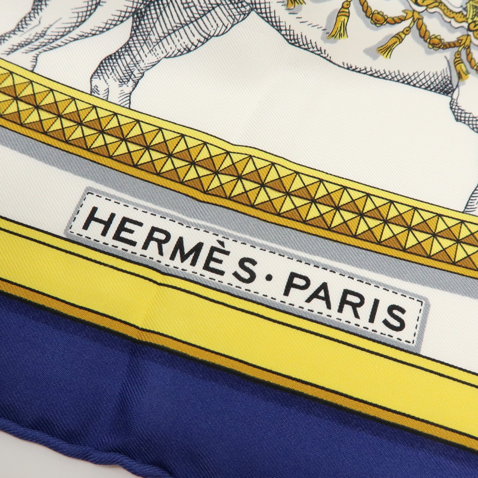 HERMES Carre 90 Silk 100% Scarf GRAND APPARAT Navy White Gold