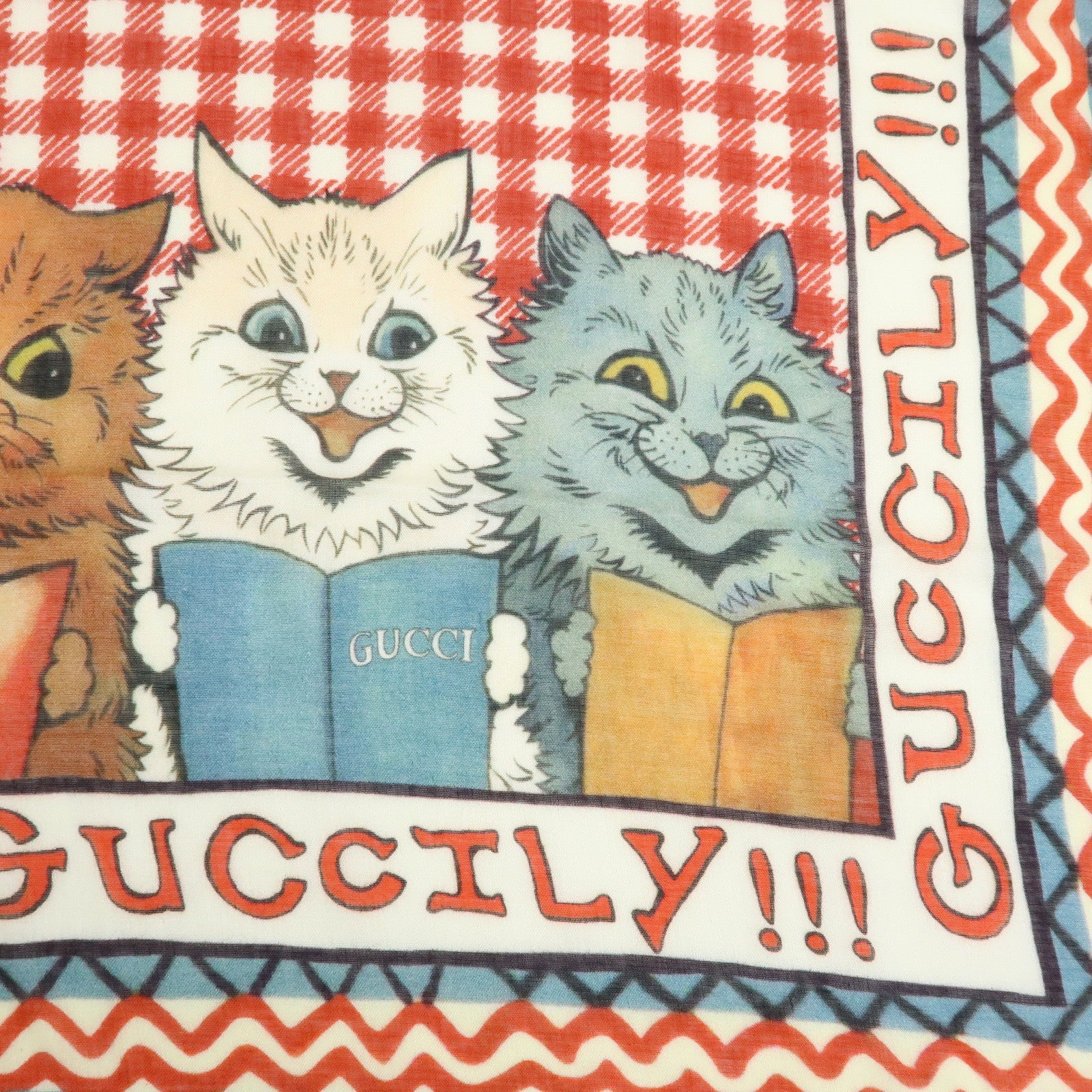 GUCCI Rayon Silk Scarf 5 Cats Print Gingham Red