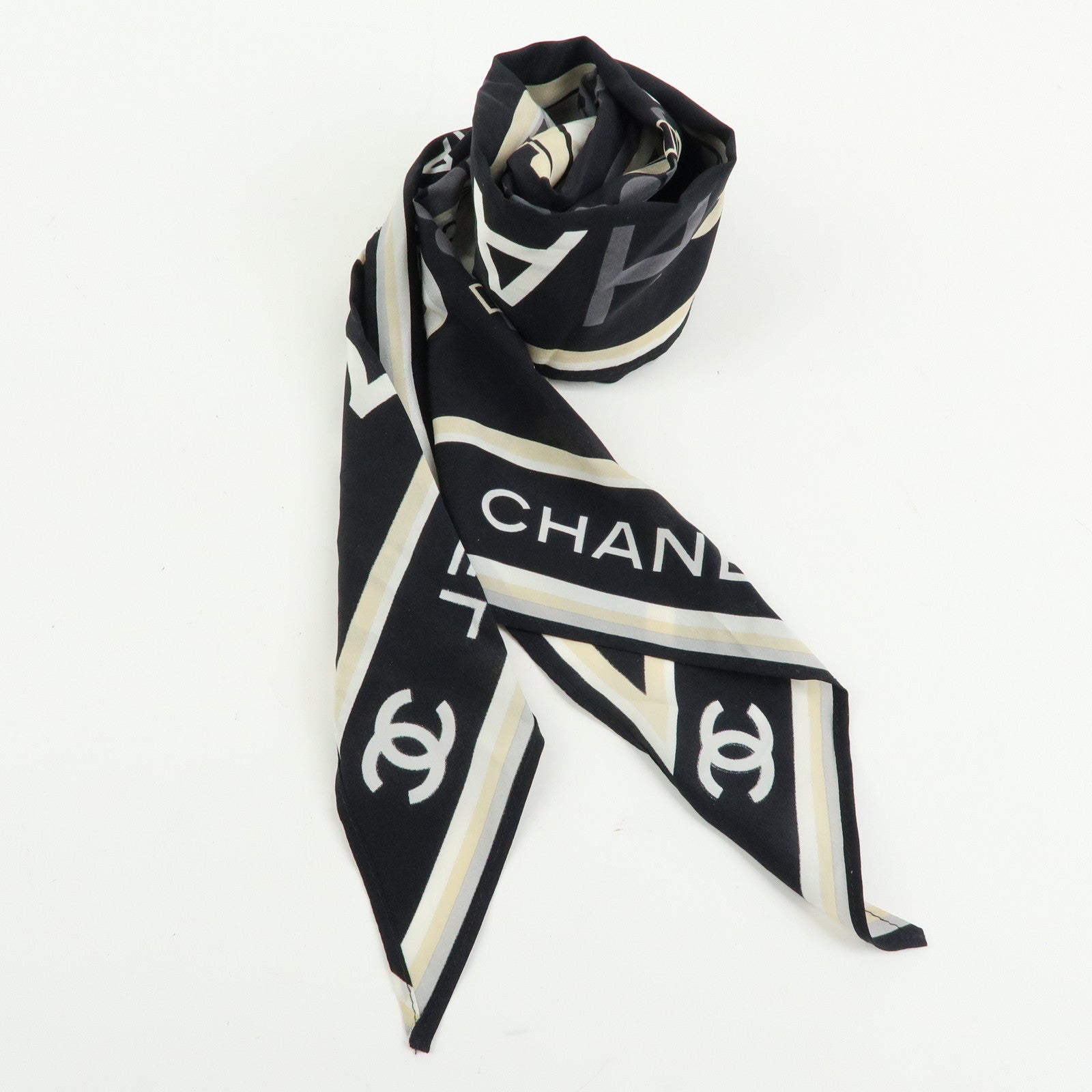 CHANEL COCO Mark Silk100% Train Scarf Shawl Black