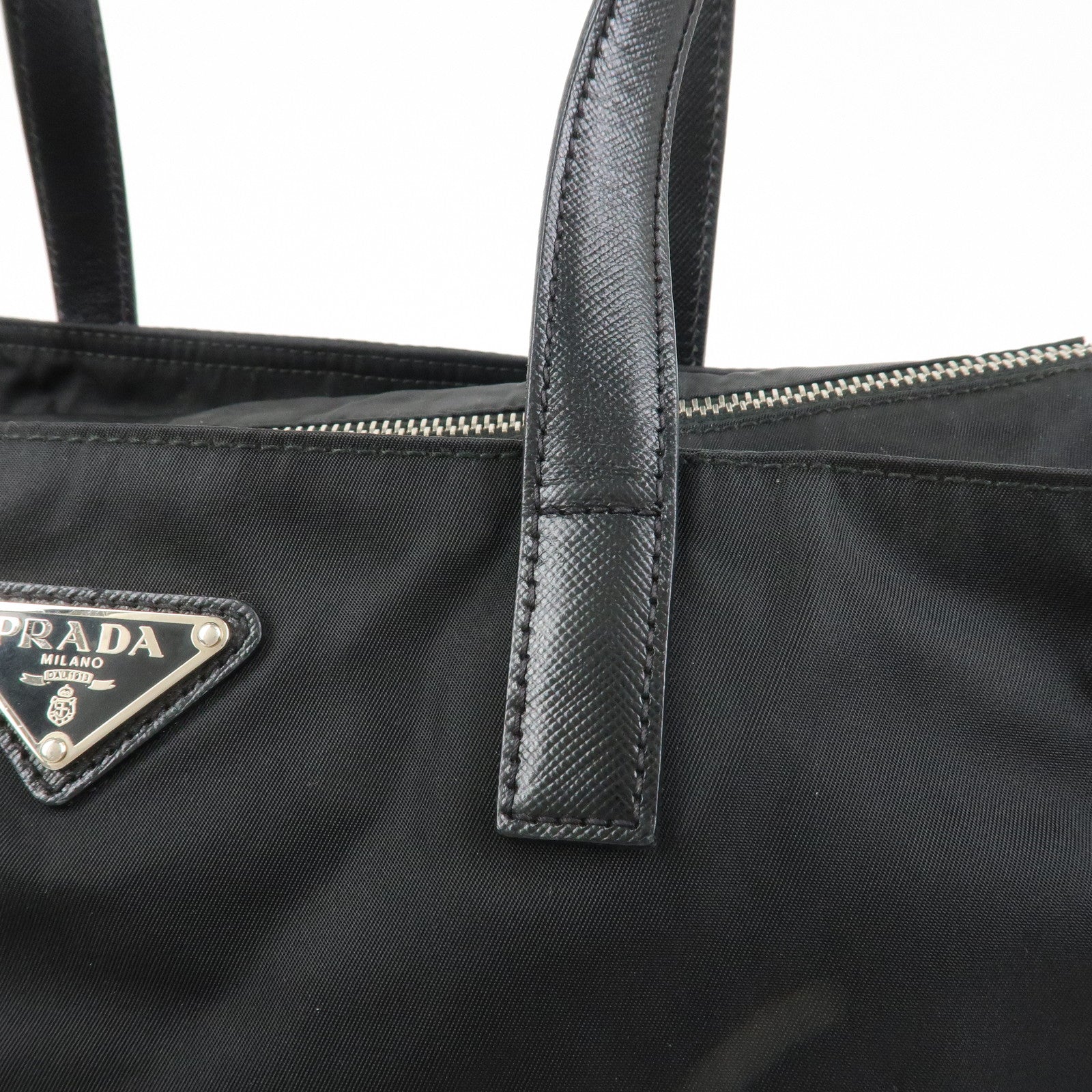 PRADA Triangle Logo Nylon Saffiano Leather Tote Shoulder Bag Black