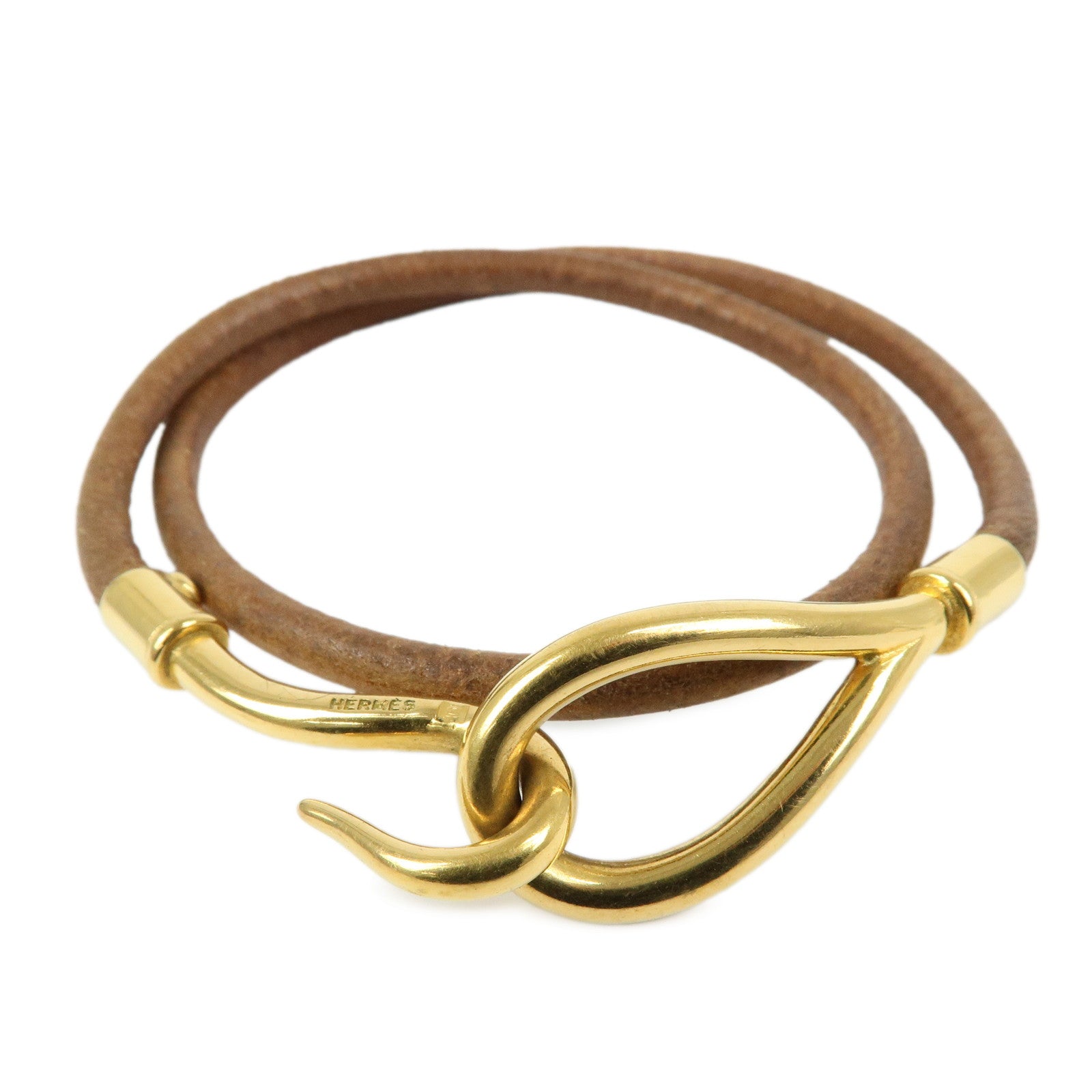 HERMES Jumbo Choker Leather Metal Bracelet Gold Brown