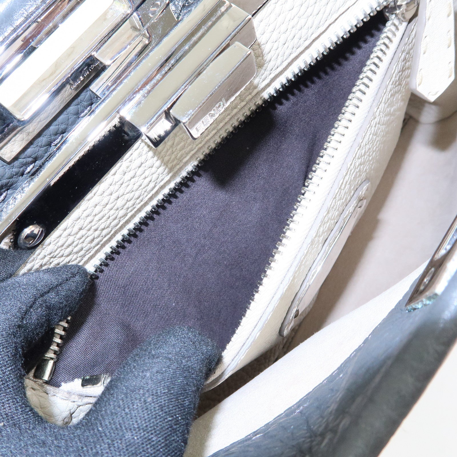 FENDI Peekaboo Selleria Leather 2Way Hand Shoulder Bag Gray 8BN290