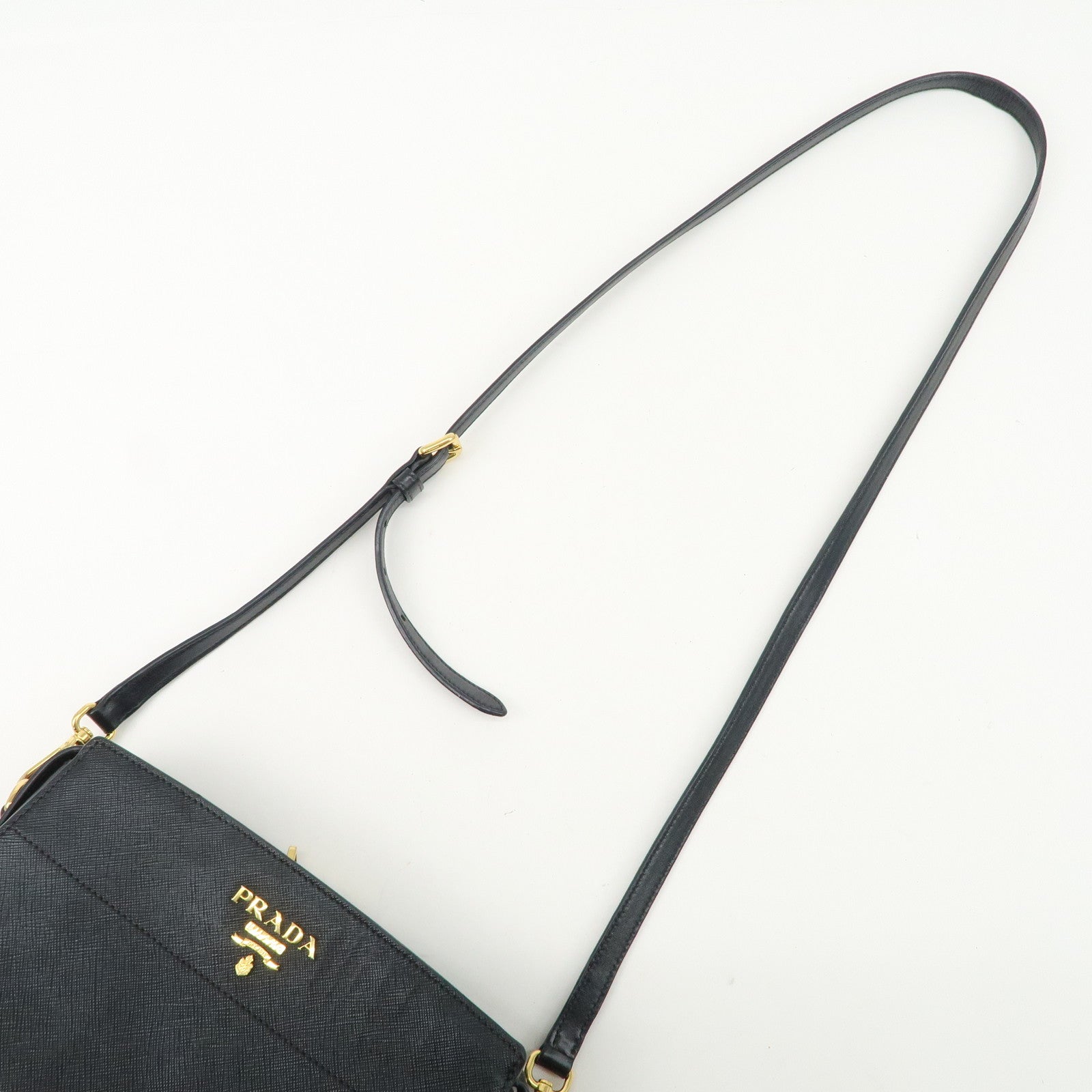 PRADA Logo Saffiano Leather Shoulder Bag Gold HDW Black
