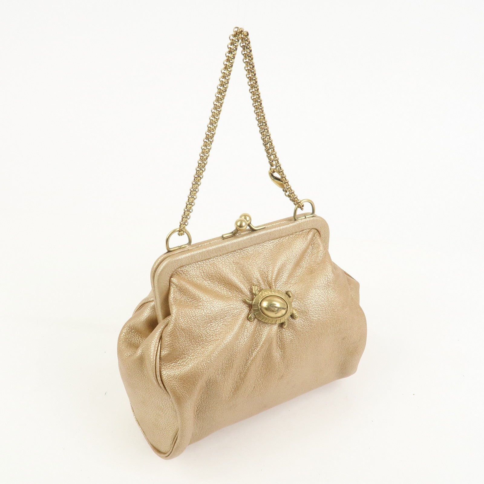 Ferragamo Leather Turtle Motif Chain Hand Bag Metallic Pink Beige