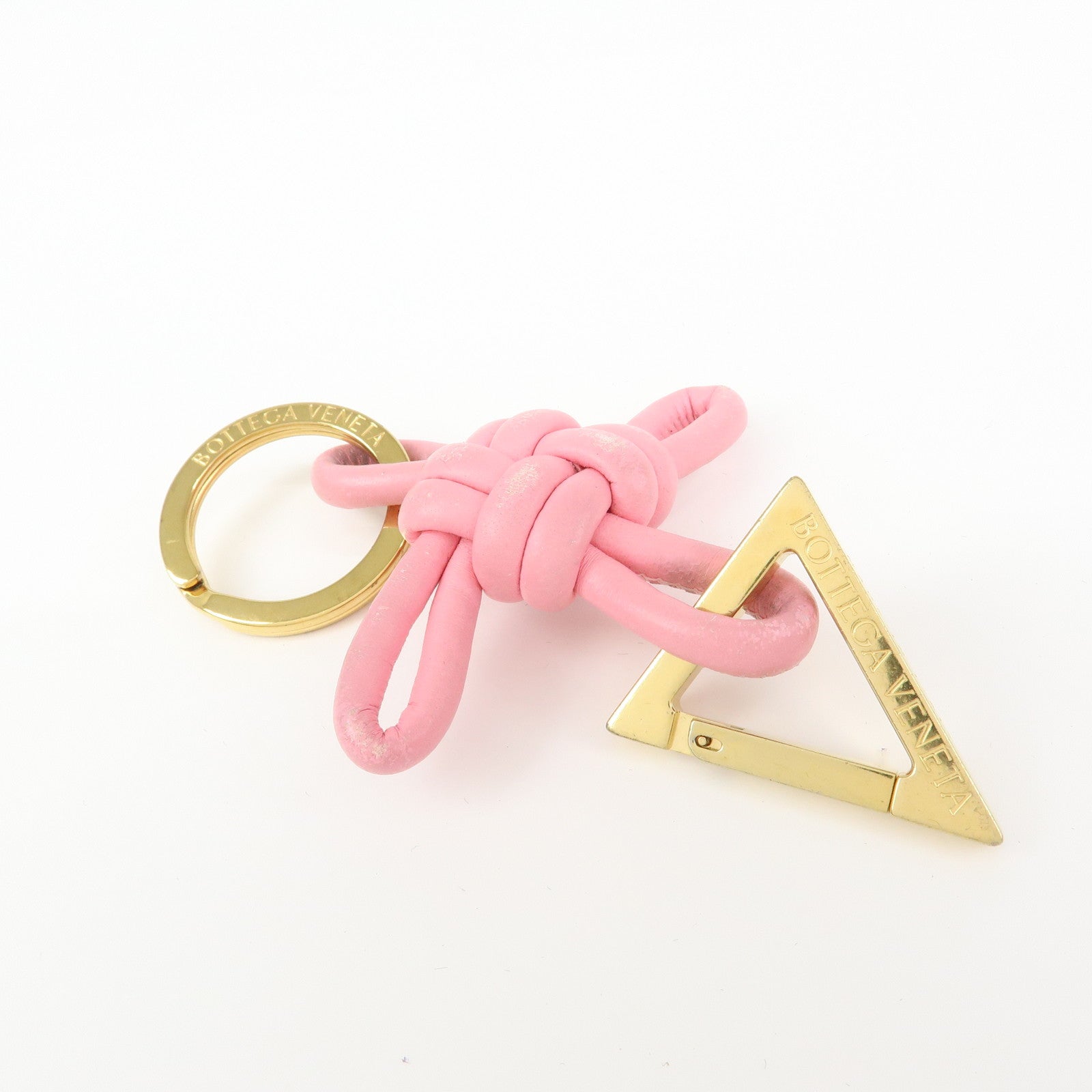 BOTTEGA VENETA Leather Metal Bag Charm Key Chain Gold Pink