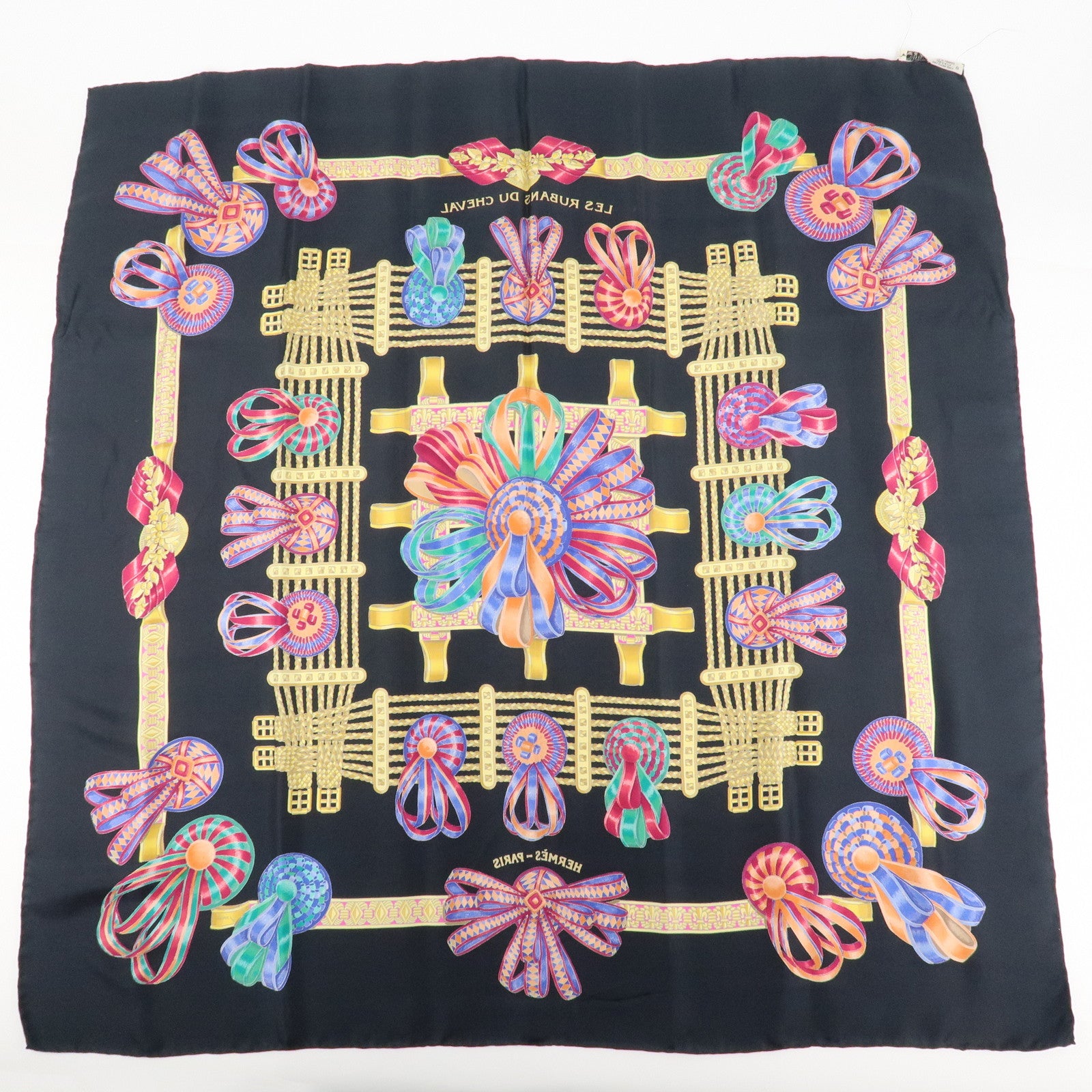 HERMES Carre90 Silk 100% Scarf Black Yellow Used